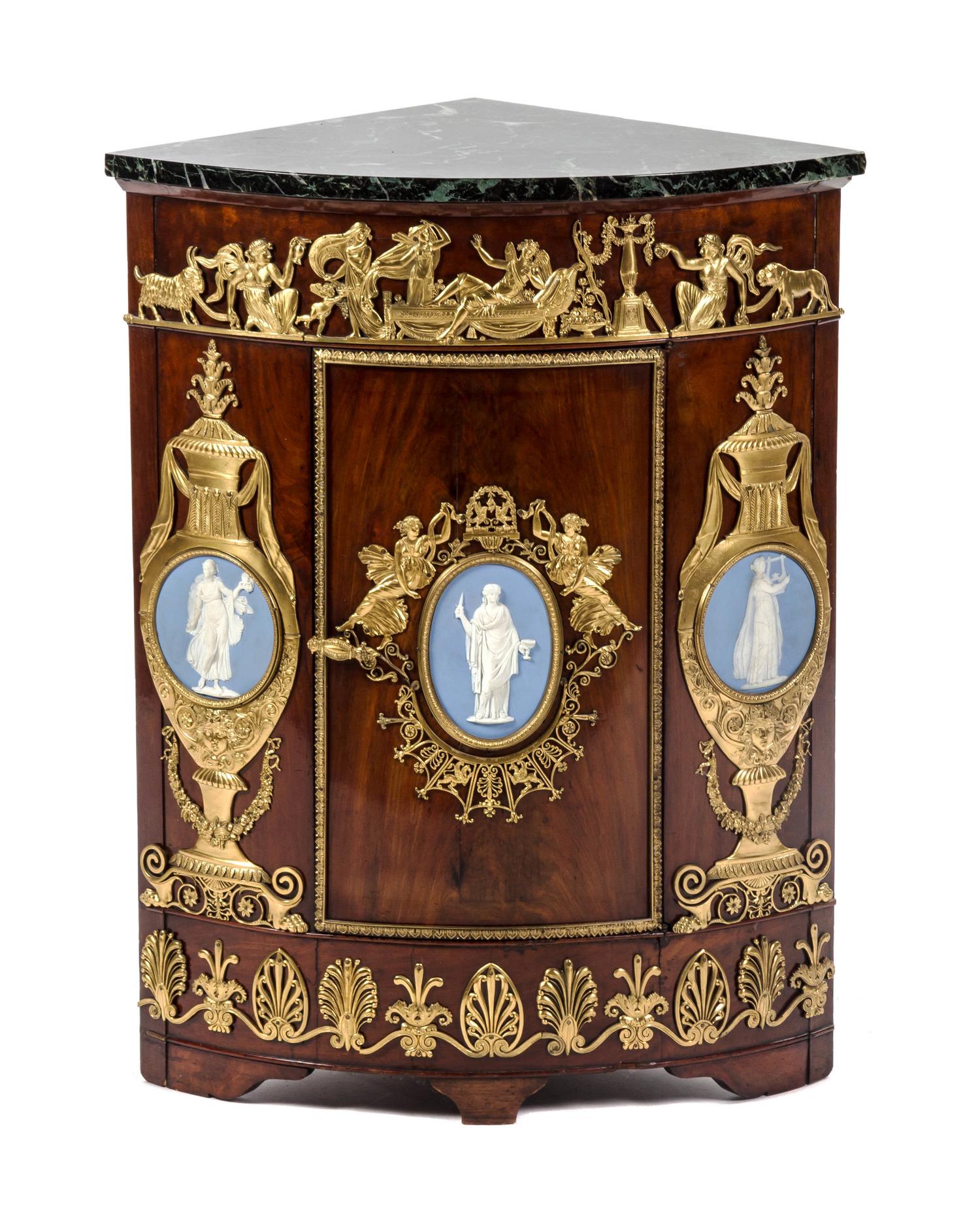 An Empire Style Gilt Bronze and Jasperware Mounted Encoignure, LATE 19TH/EARLY 20TH CENTURY, Height 33 x width 25 x depth 18 1/2 inche — LATE 19TH/EARLY 20TH CENTURY,