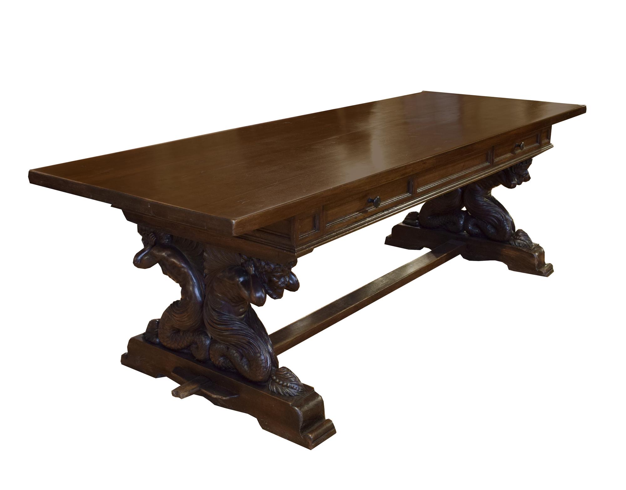 A Carved Refectory Table with Figural Supports 95" W x 35.5" D x 31" H — Italy, 19th Century