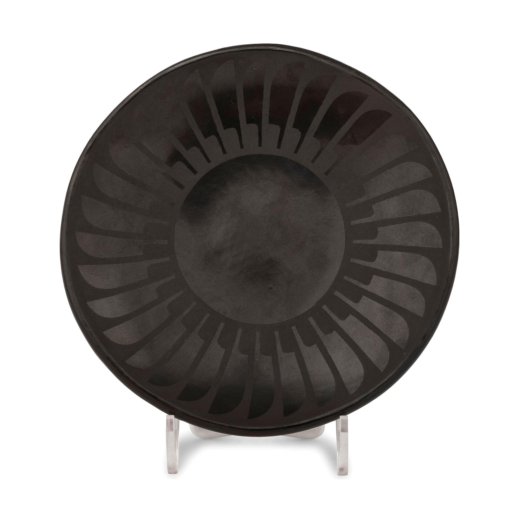 Blackware Pottery Plate, with Repeating Feather Design