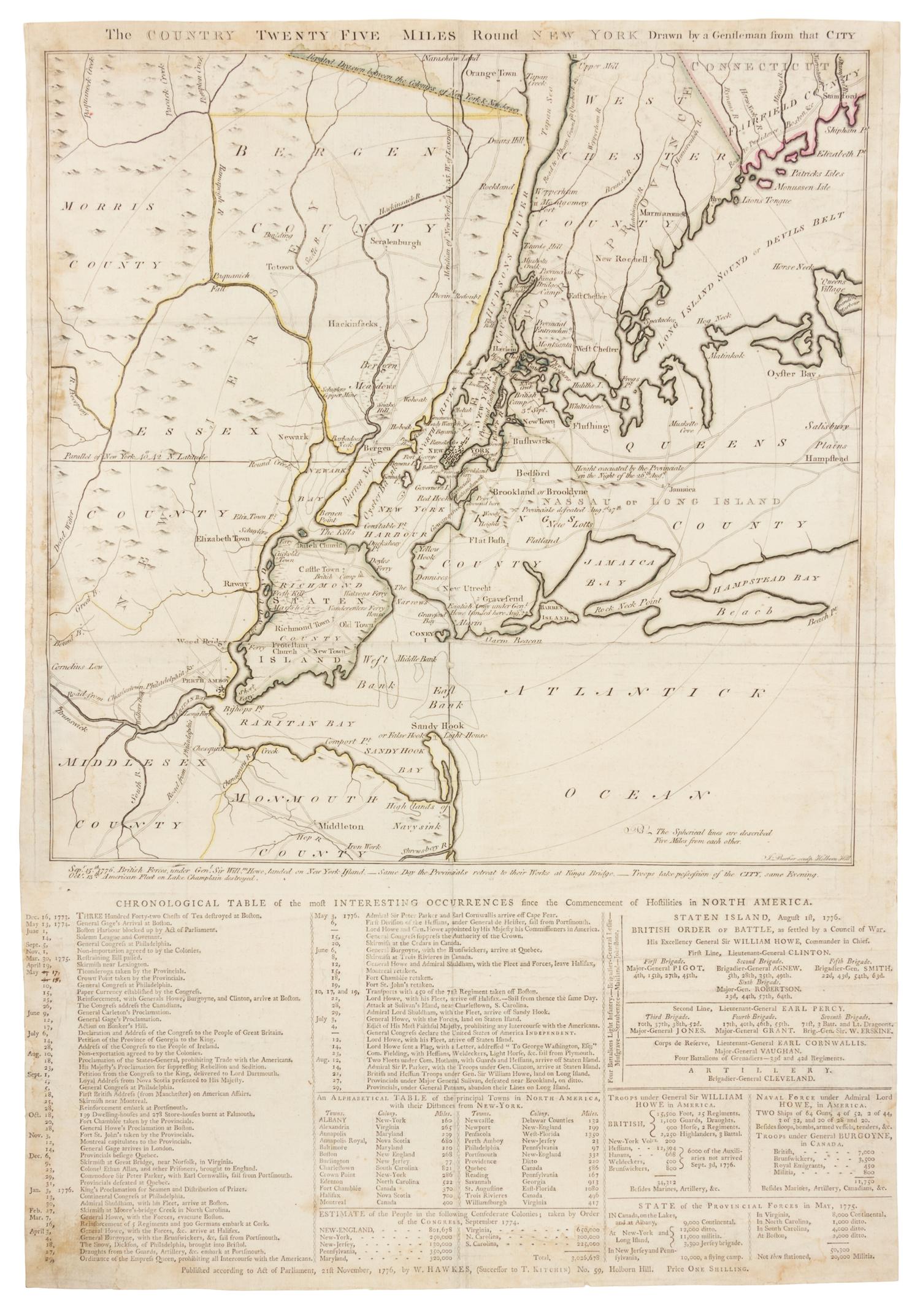 [NEW YORK]. The Country Twenty Five Miles Round New York, Drawn by a Gentleman from that City . London: W. Hawkes, 21 Nov. 1776.