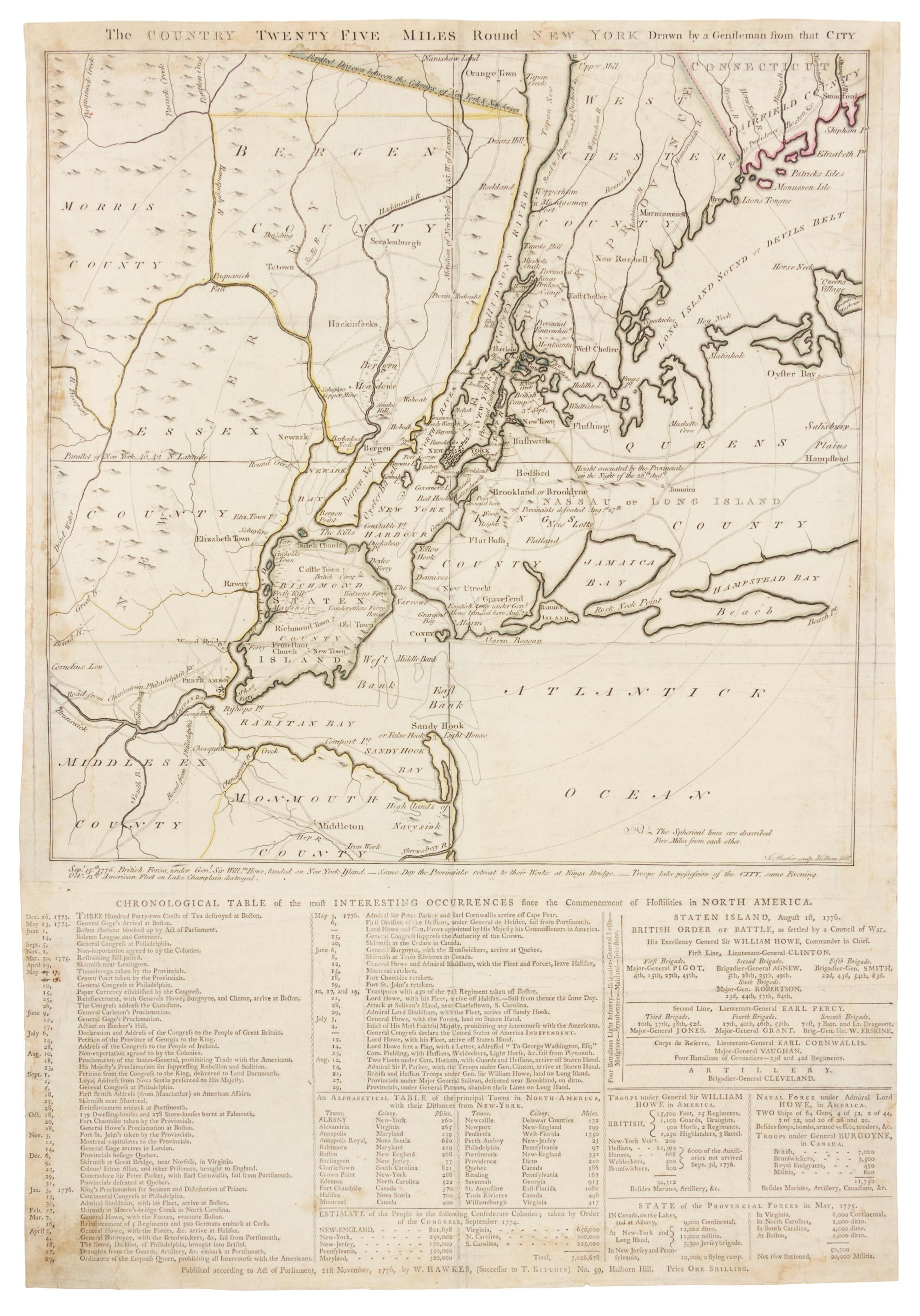 [NEW YORK]. The Country Twenty Five Miles Round New York, Drawn by a Gentleman from that City . London: W. Hawkes, 21 Nov. 1776.