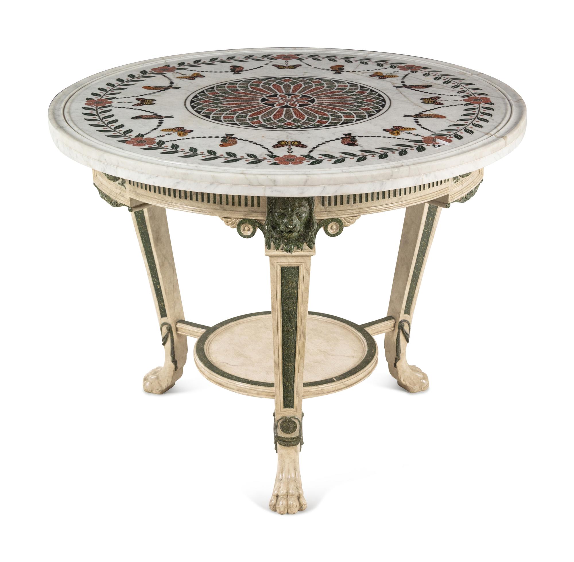 A Neoclassical Green and White-Painted Scagliola and Marble-Top Table