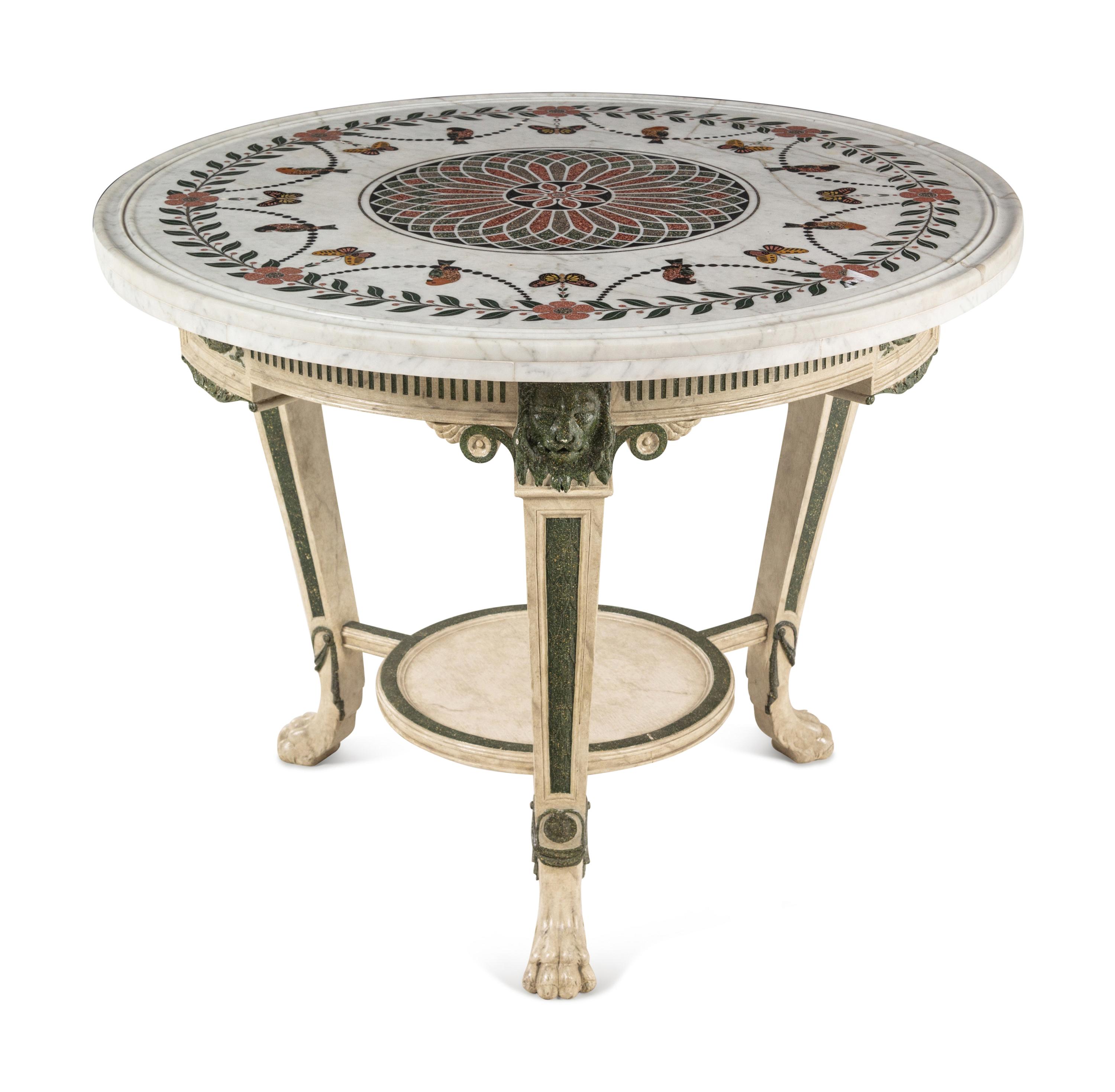 A Neoclassical Green and White-Painted Scagliola and Marble-Top Table