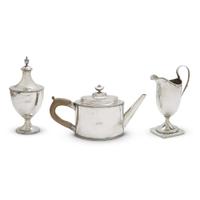 Assembled Federal three-piece coin silver tea service Simeon A. Bayley, New York, NY, circa 1790