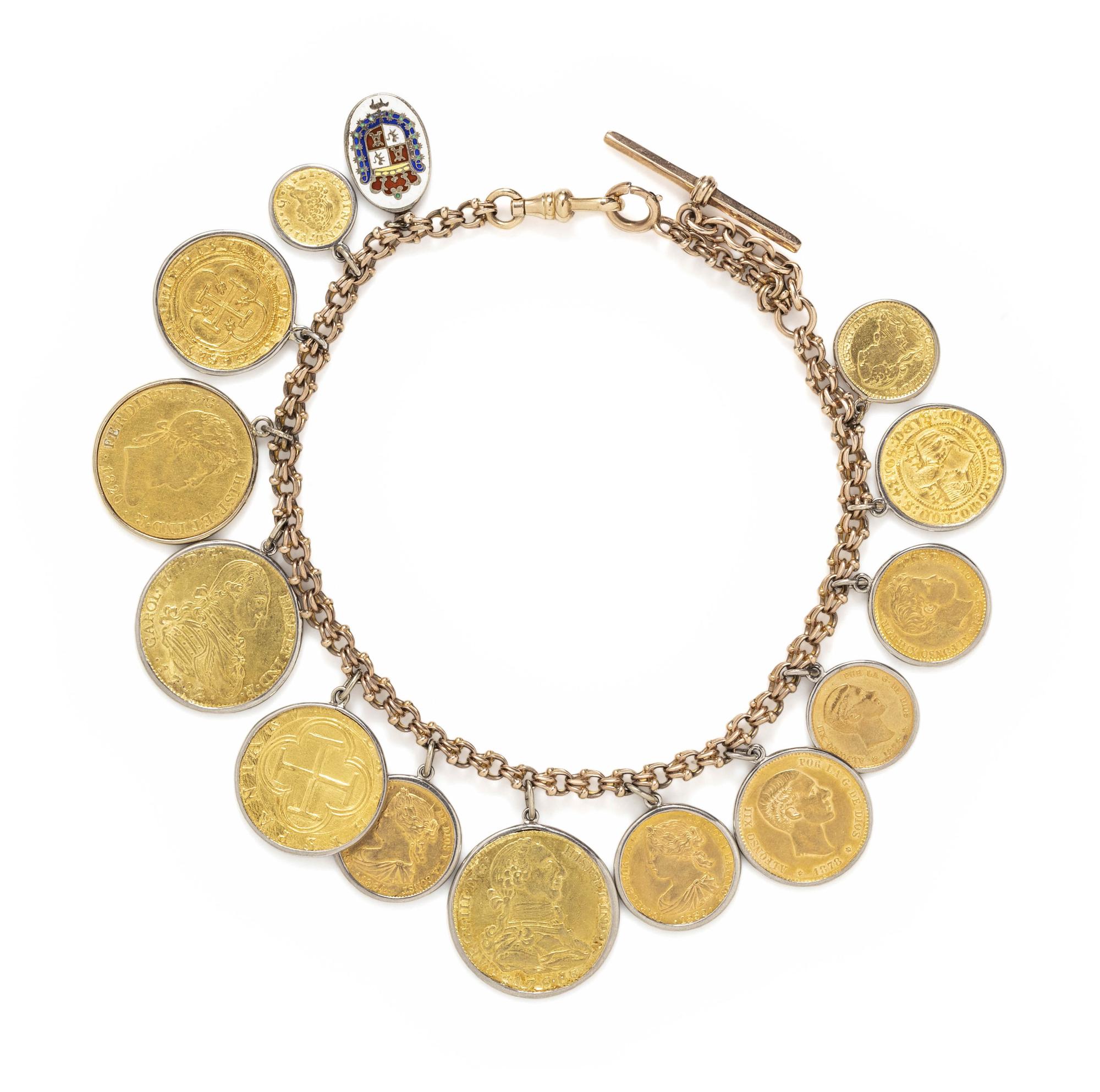 ROSE GOLD AND SPANISH YELLOW GOLD COIN NECKLACE, WITH ONE ENAMEL CHARM