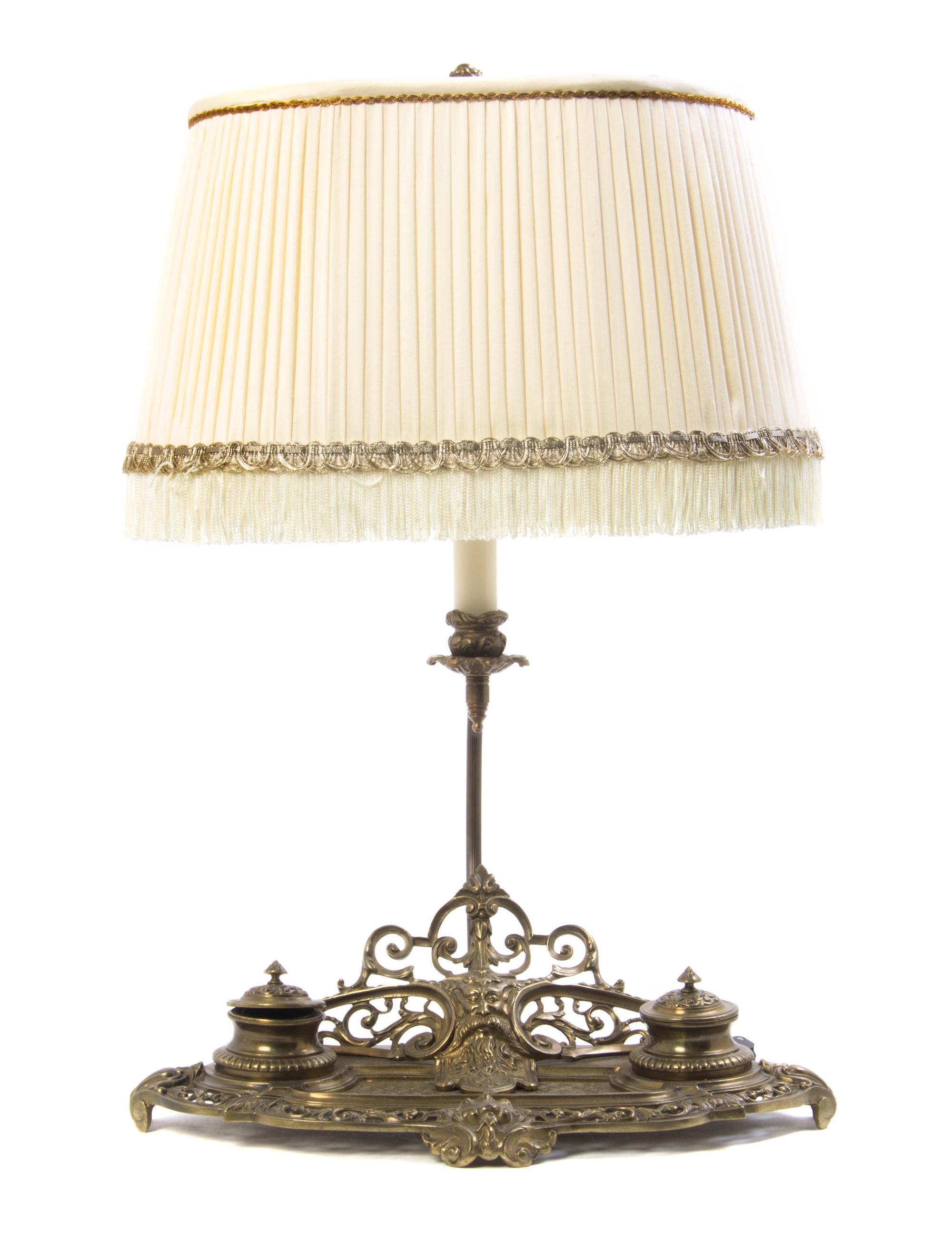 A Continental Brass Standish Mounted as a Lamp