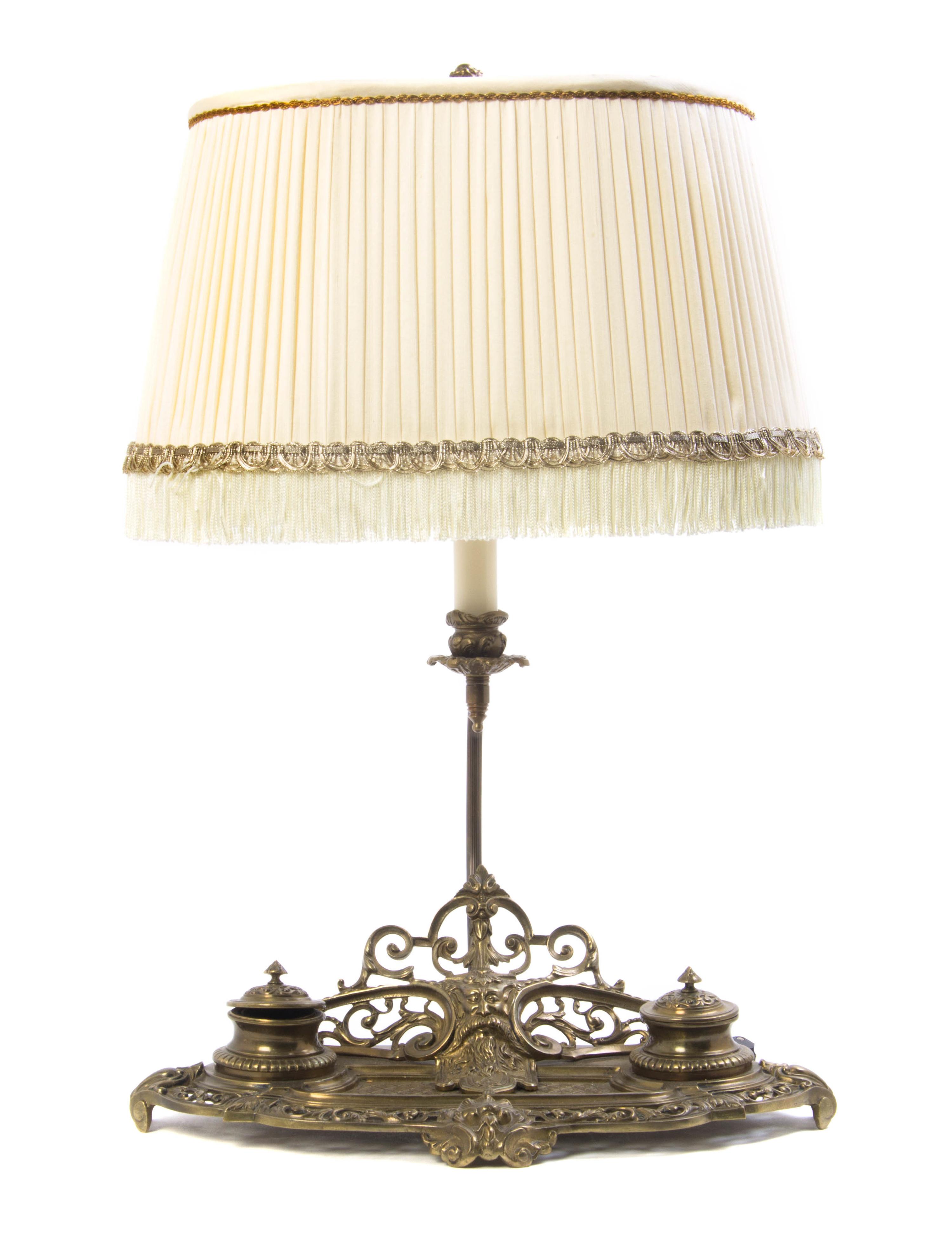 A Continental Brass Standish Mounted as a Lamp