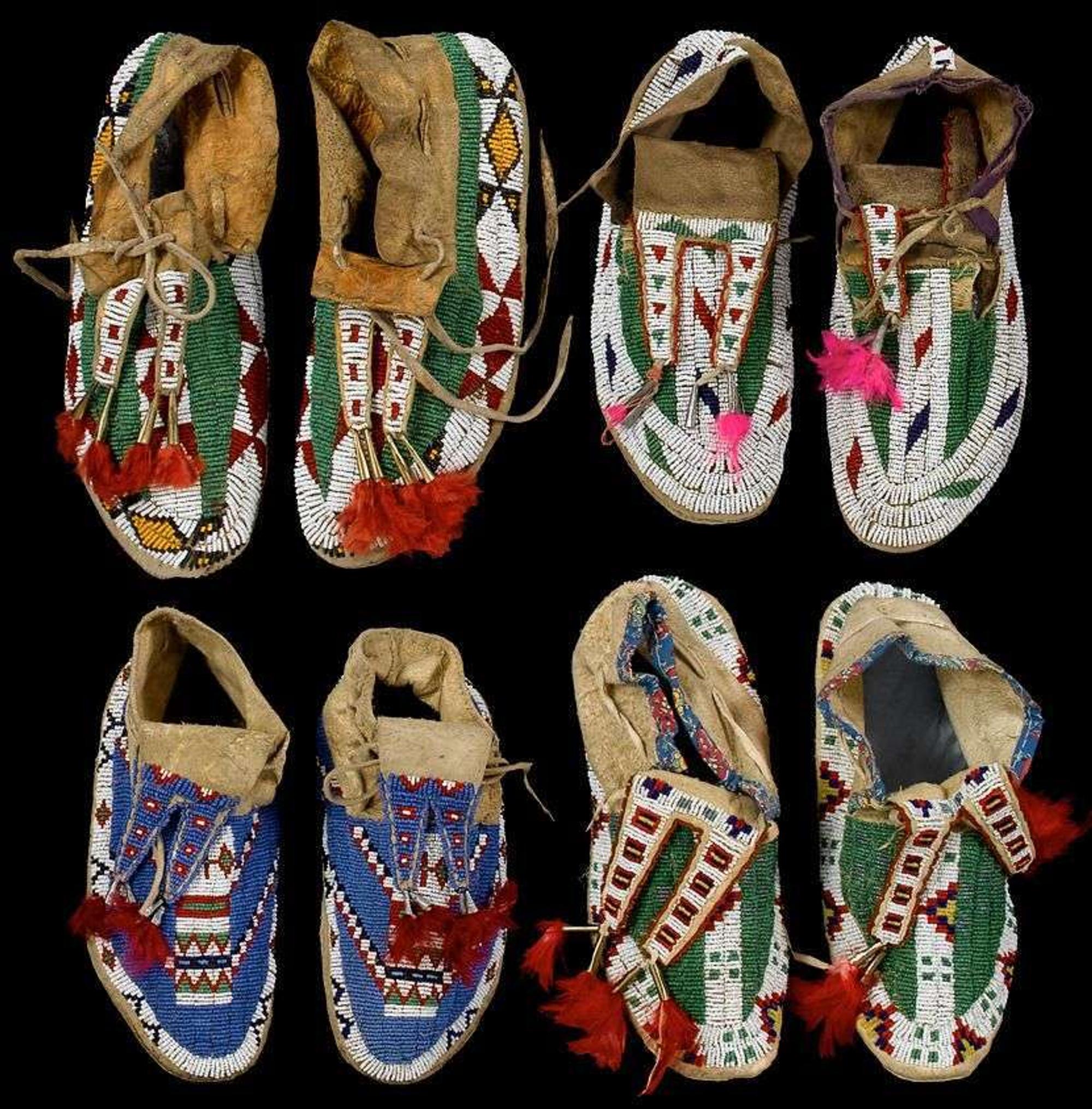 Four pairs of Sioux beaded ceremonial moccasins first half 20th century, fort yates area