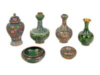 Six Chinese Green Ground Cloisonné Enameled Vessels