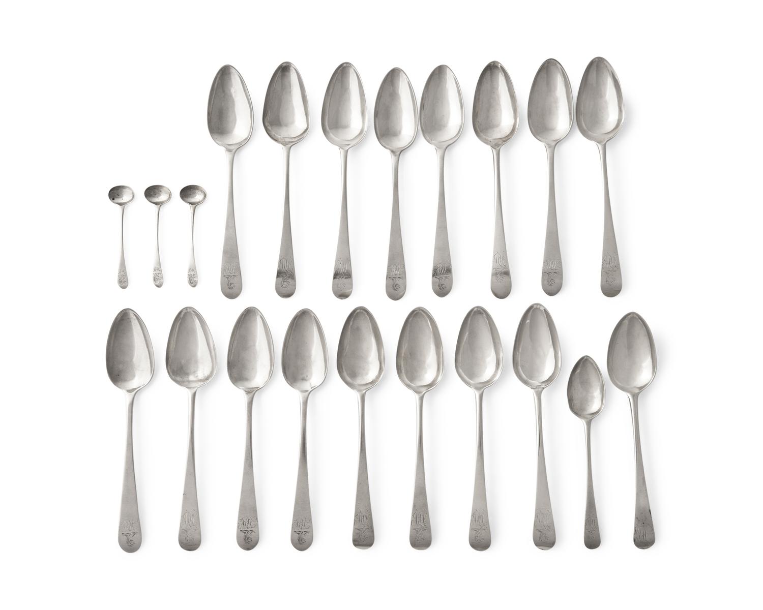 An Assembled Set of Twenty Federal Silver Armorial Spoons
