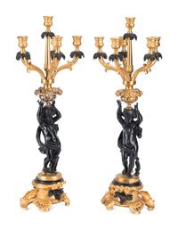 A Pair of French Gilt and Patinated Bronze Figural Six-Light Candelabra