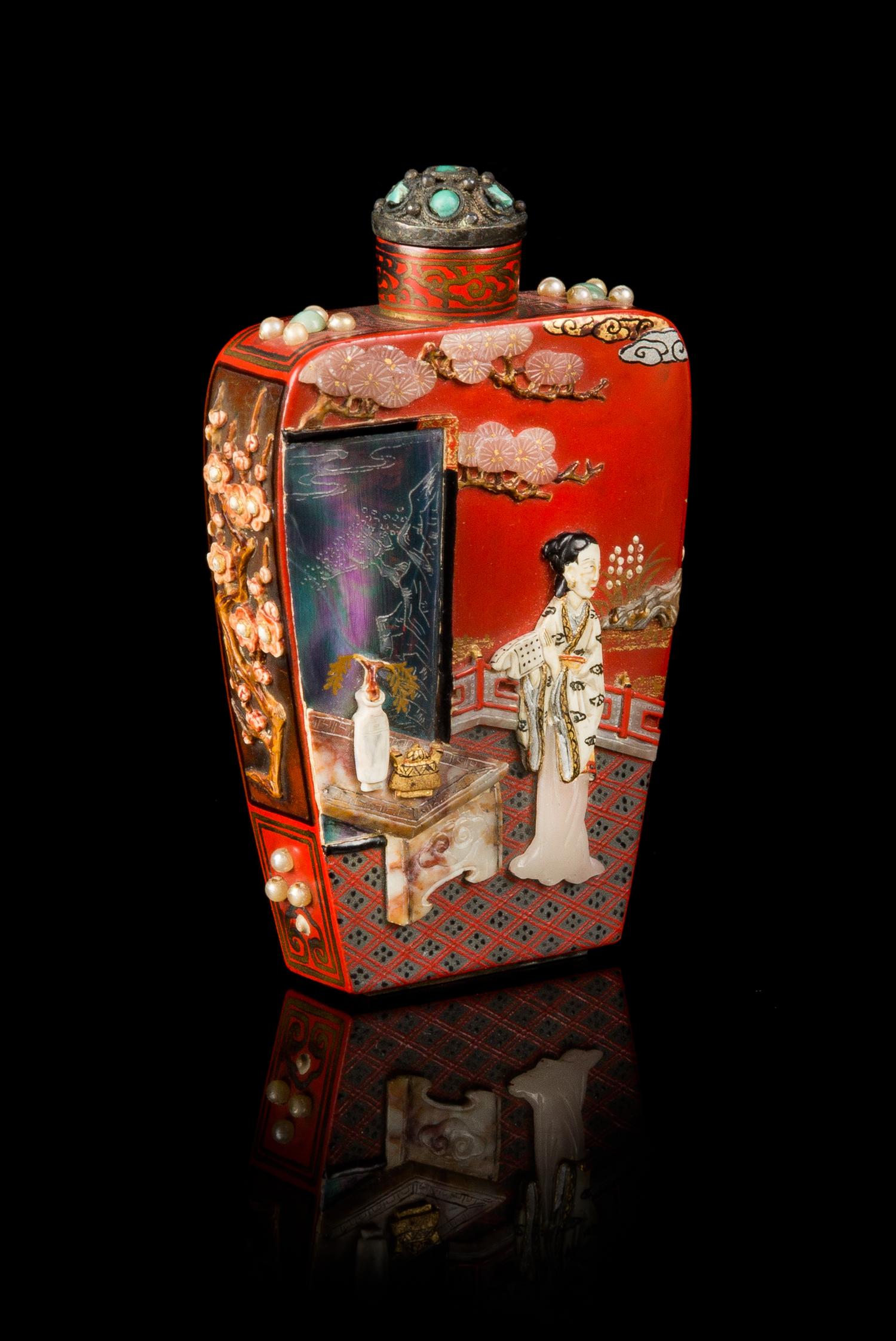 An Embellished Lacquer on Metal Snuff Bottle Height 3 1/2 inches. — 19TH CENTURY, EMBELLISHMENT: JAPAN