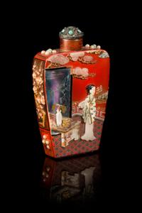 An Embellished Lacquer on Metal Snuff Bottle Height 3 1/2 inches. — 19TH CENTURY, EMBELLISHMENT: JAPAN