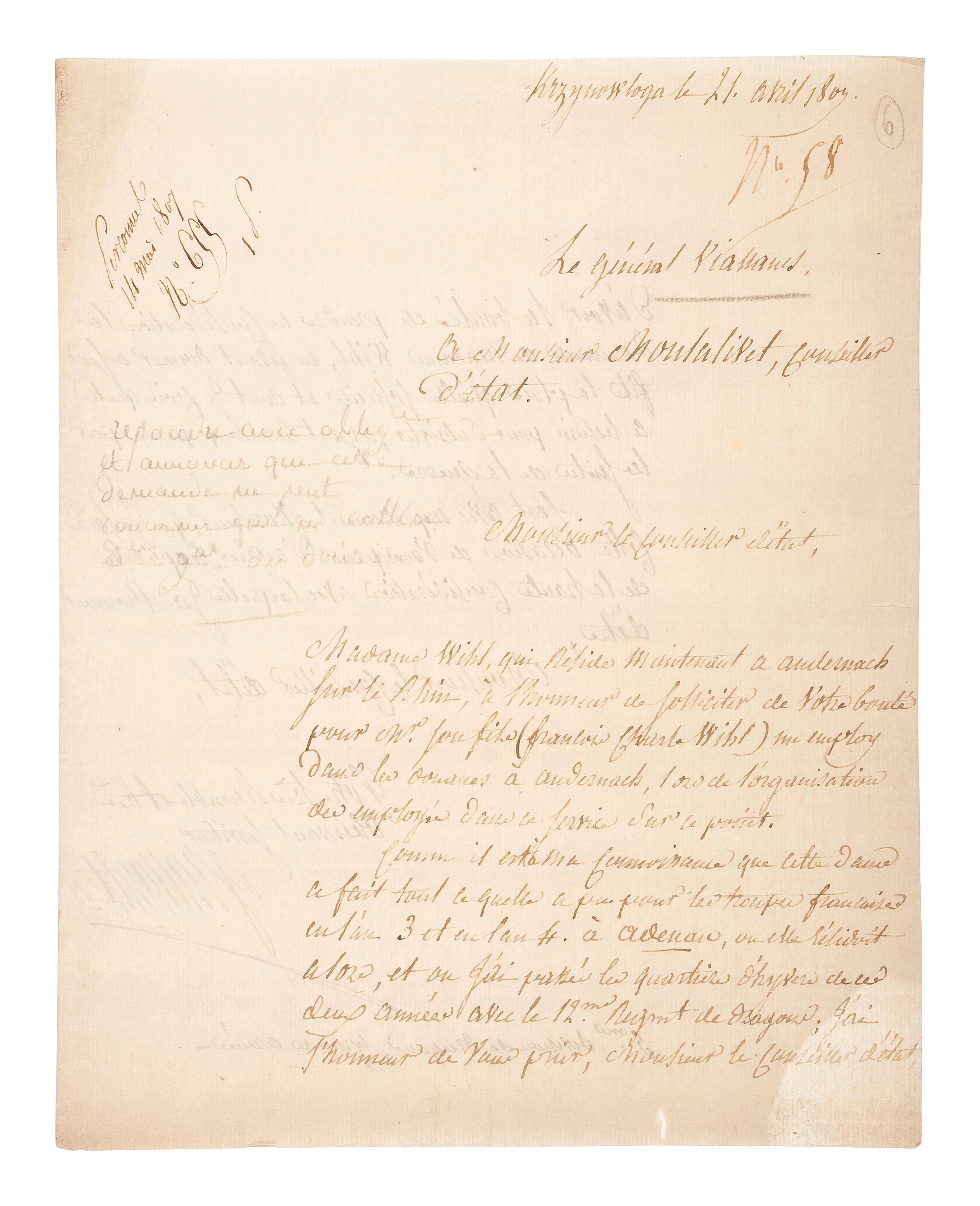 [MANUSCRIPTS - NAPOLEONIC]. A group of 2 letters in French, related to Jean-Baptiste Viallanes and Claude-Pierre Pajol.