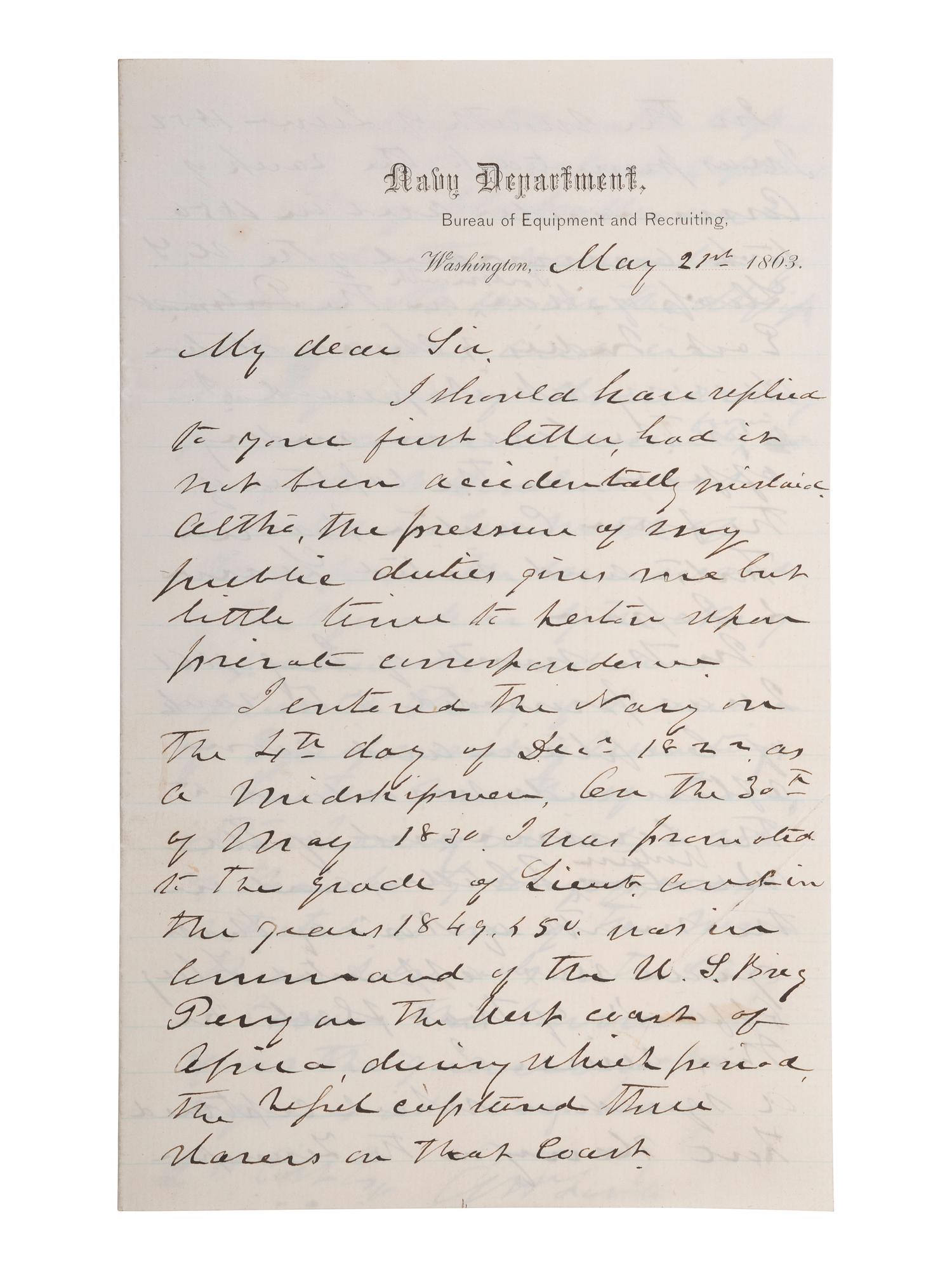 [CIVIL WAR]. FOOTE, Andrew H. (1906-1863). Autograph letter signed ("A.H. Foote"). Washington, [DC], 21 May 1863.