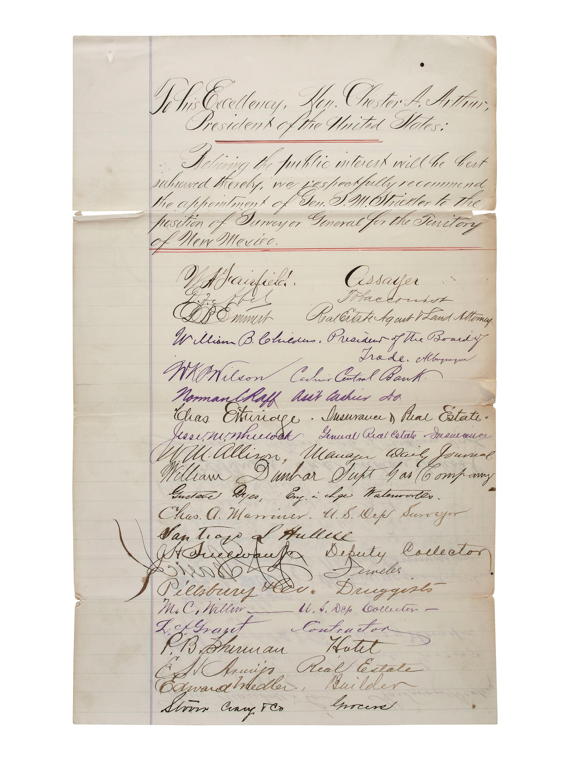 [LATE INDIAN WARS]. A group of manuscript and print ephemera related to the late Indian Wars era and western territories, highlighted by an 1884 petition to President Chester Arthur from prominent New Mexico Territory representatives.