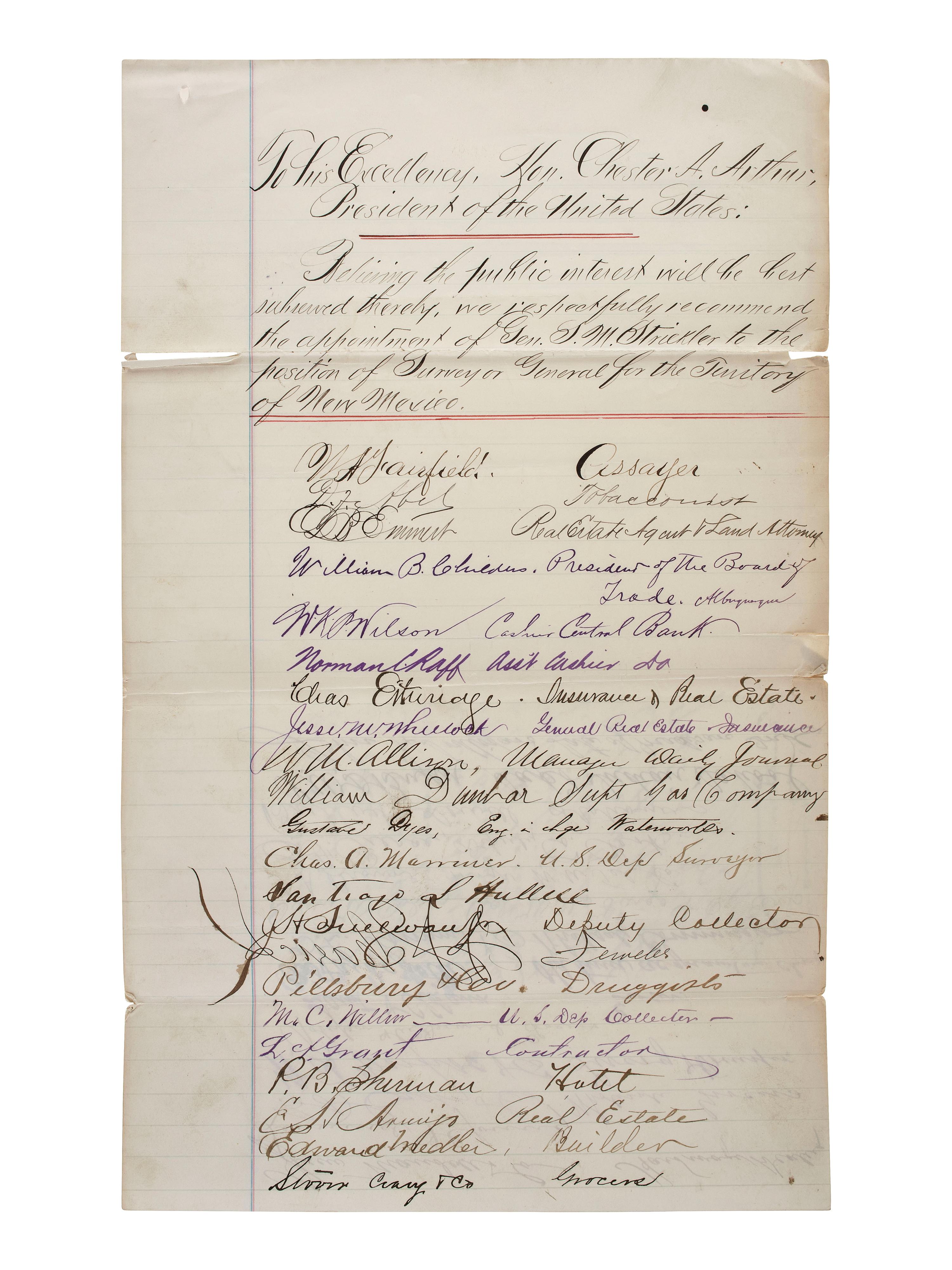 [LATE INDIAN WARS]. A group of manuscript and print ephemera related to the late Indian Wars era and western territories, highlighted by an 1884 petition to President Chester Arthur from prominent New Mexico Territory representatives.