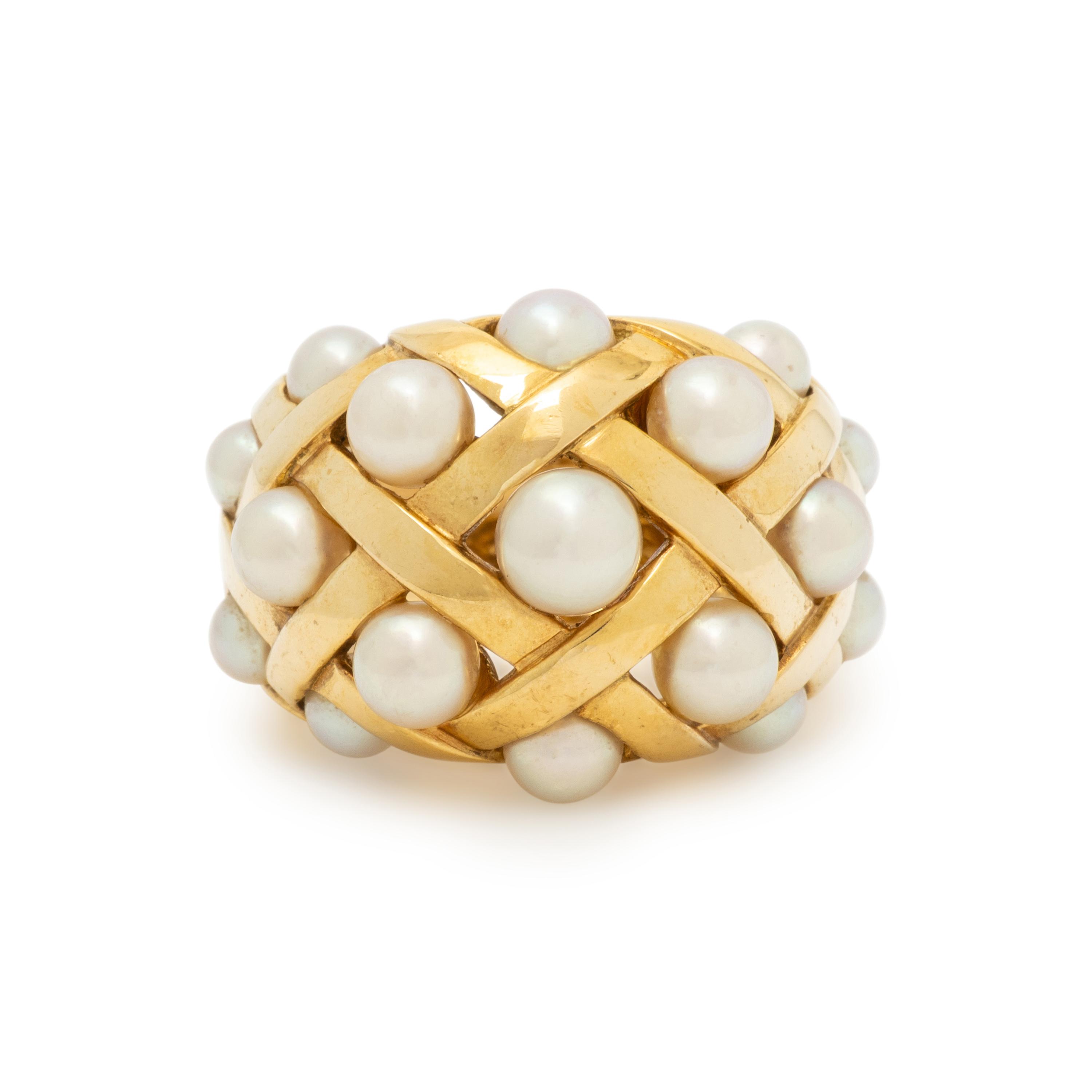 CHANEL, CULTURED PEARL AND YELLOW GOLD 'MATELASSÉ' RING
