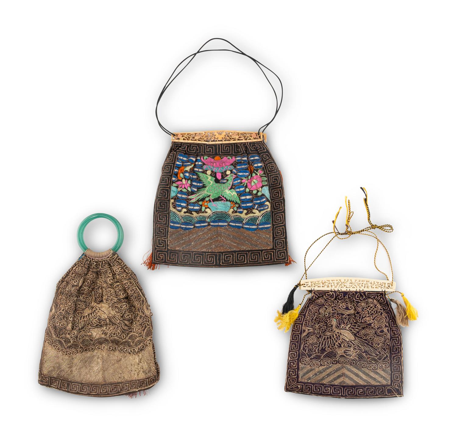Three Chinese Embroidered Silk Purses