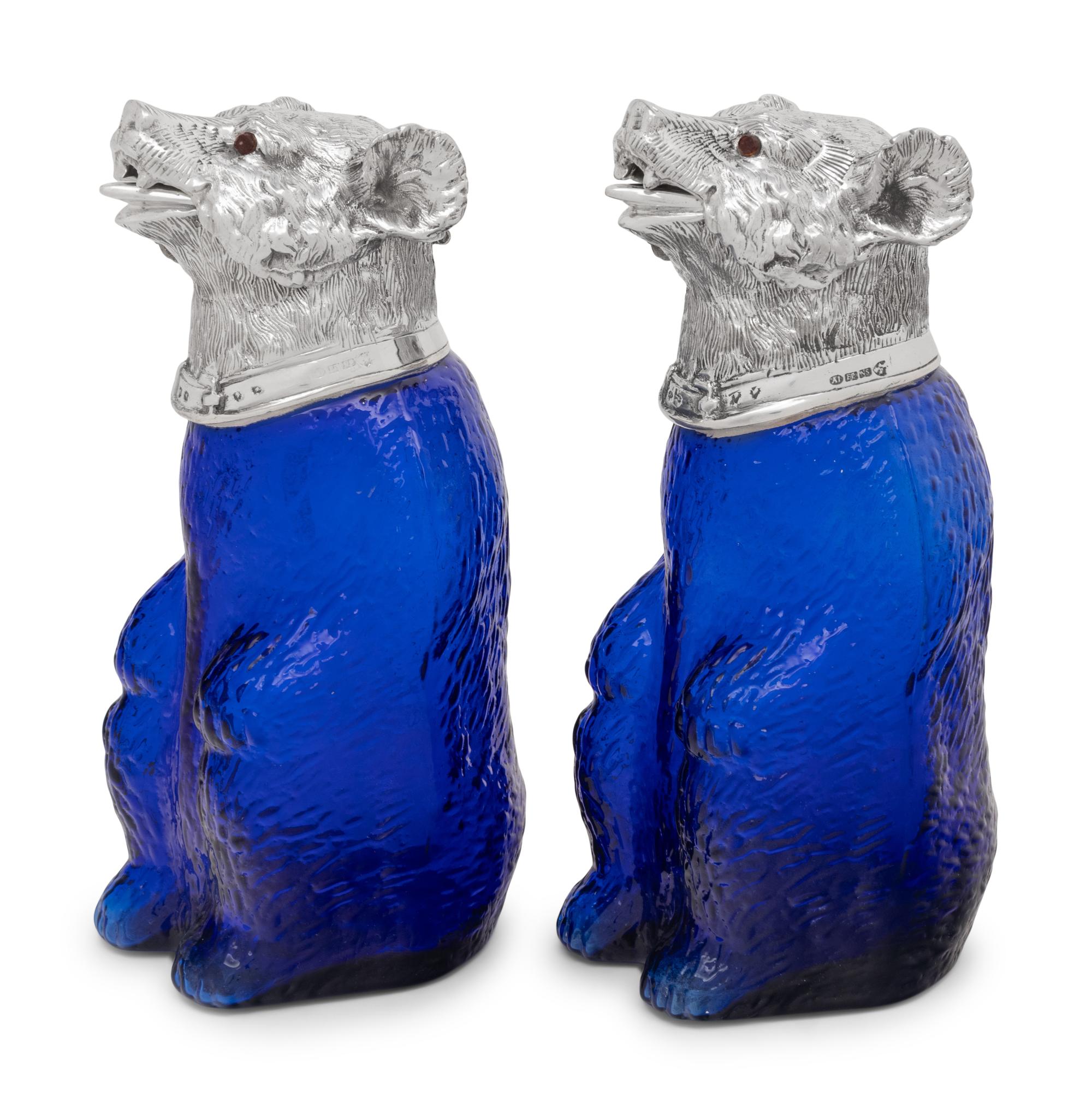 A Pair of Silver-Plate and Colored Glass Bear Decanters