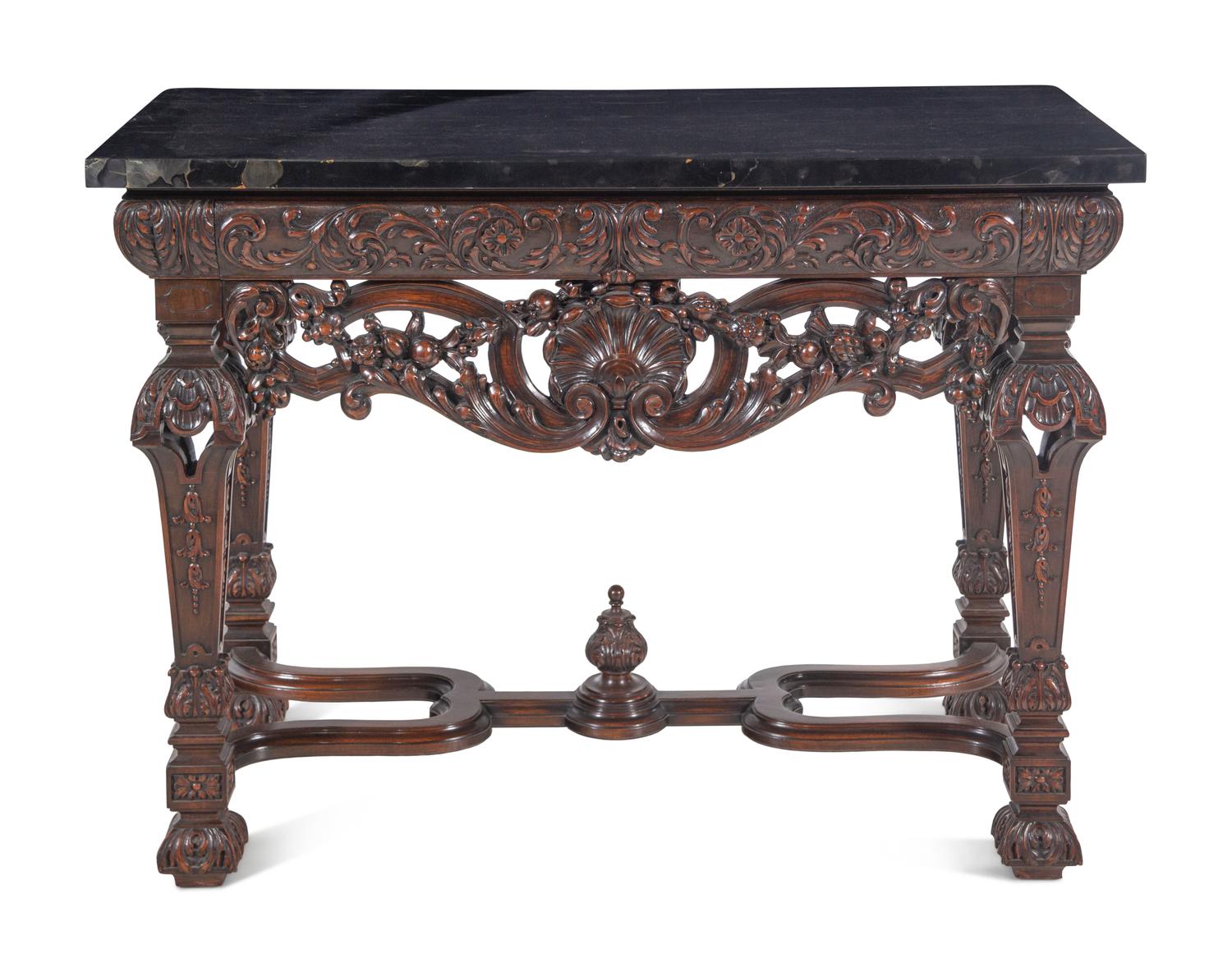 Two En Suite Italian Carved Walnut Marble-Top Console Tables
