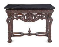 Two En Suite Italian Carved Walnut Marble-Top Console Tables