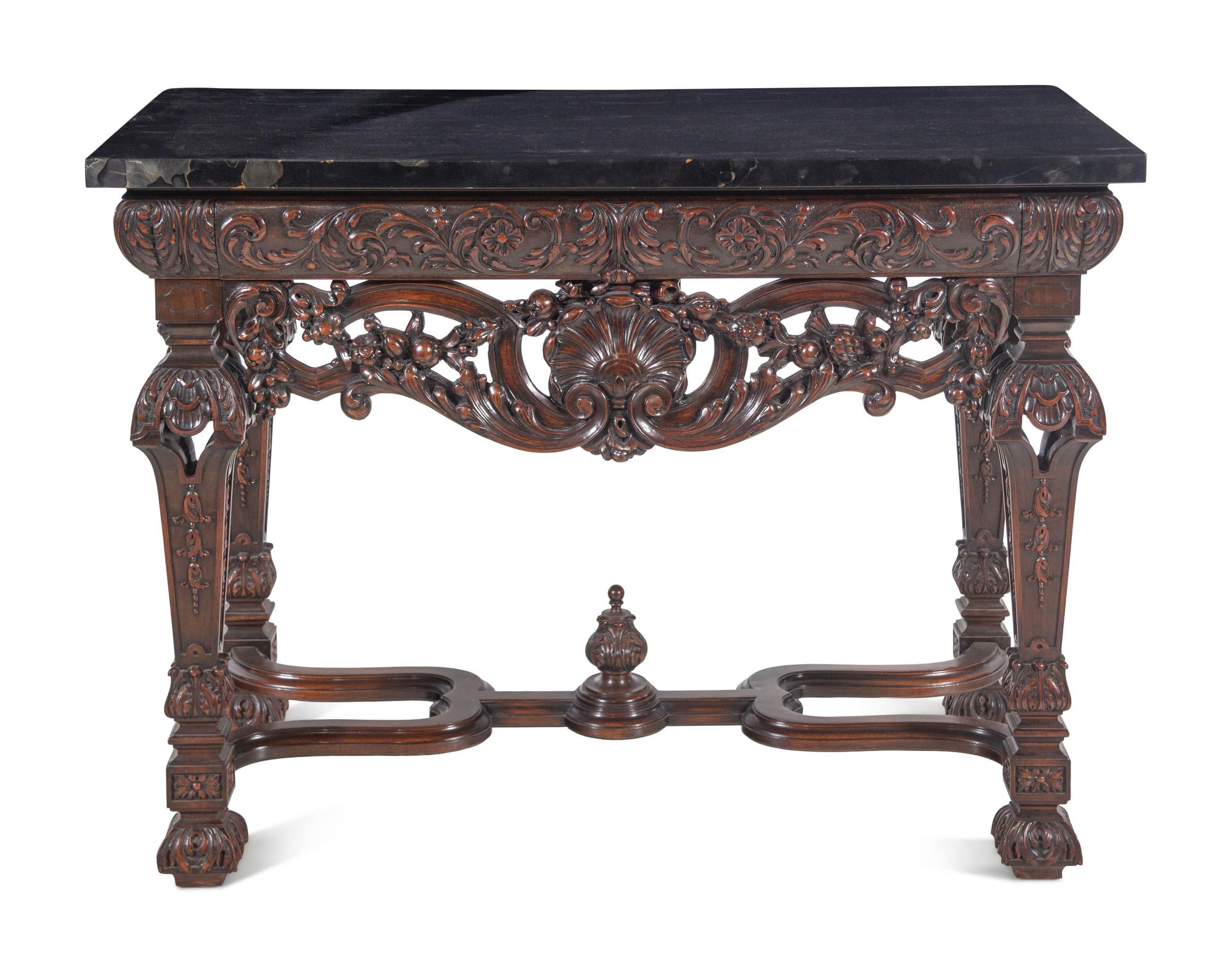 Two En Suite Italian Carved Walnut Marble-Top Console Tables