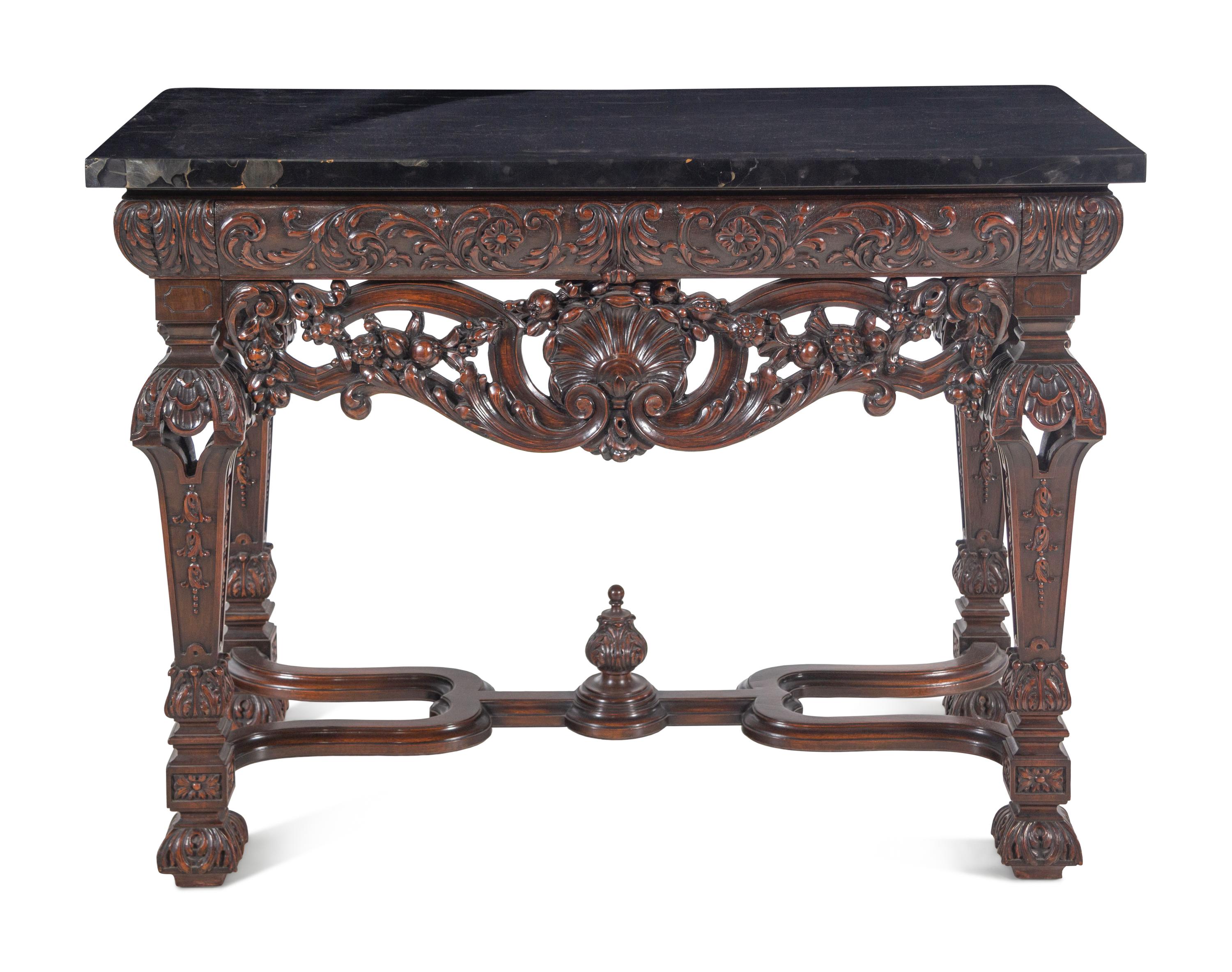 Two En Suite Italian Carved Walnut Marble-Top Console Tables