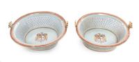 A Pair of Chinese Export Porcelain Armorial Reticulated Oval Baskets Width 11 1/2 inches. — CIRCA 1800