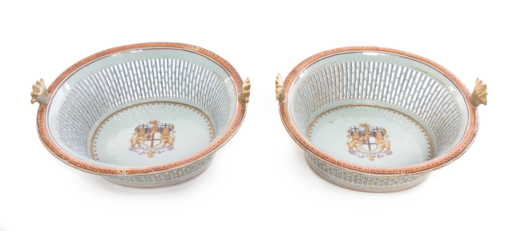 A Pair of Chinese Export Porcelain Armorial Reticulated Oval Baskets Width 11 1/2 inches. — CIRCA 1800
