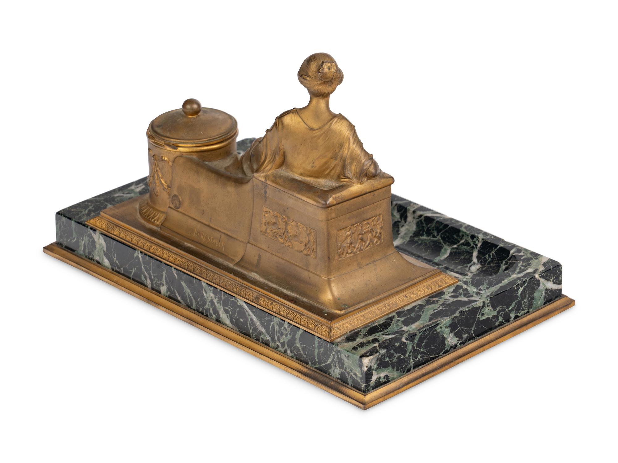 An Austrian Gilt Bronze and Marble Figural Inkwell