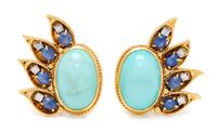 A Pair of 18 Karat Yellow Gold, Turquoise, Star Sapphire and Diamond Earclips, David Webb, 27.30 dwts.