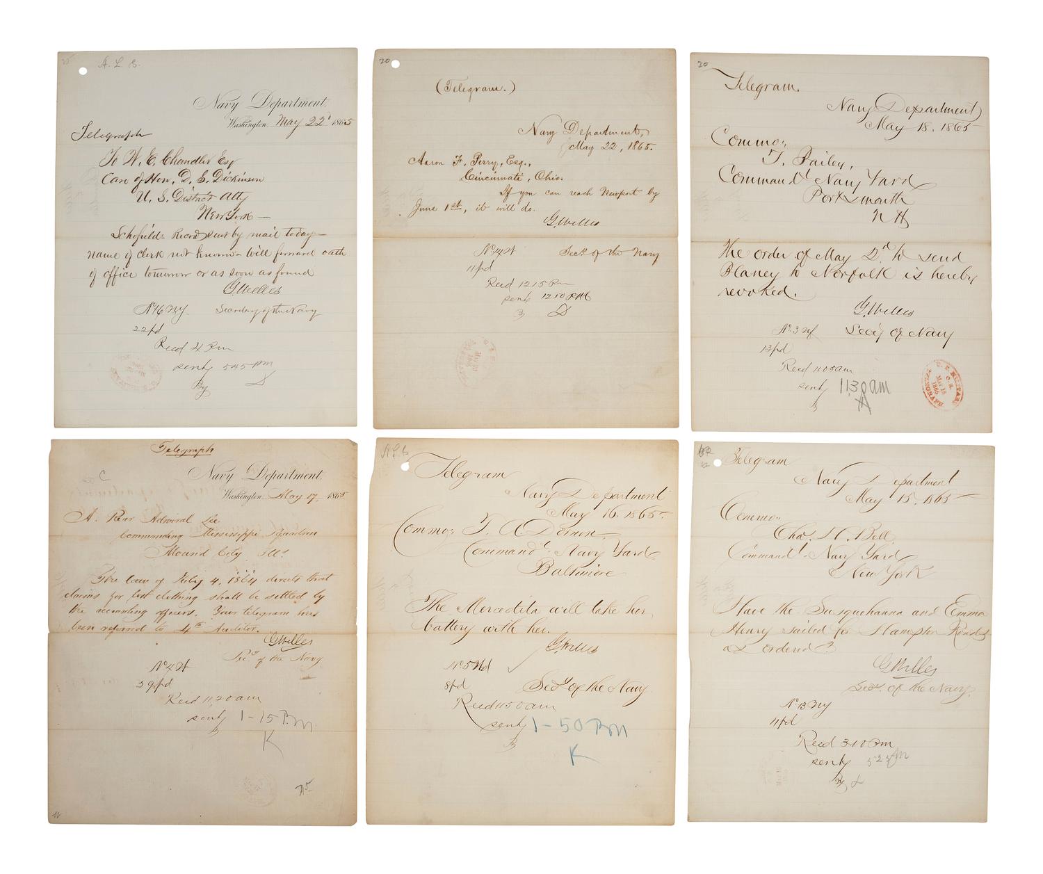 [CIVIL WAR] -- WELLES, Gideon (1802-1878). Small archive containing telegrams signed by Secretary of the Navy Gideon Welles in May 1865, and other correspondence.