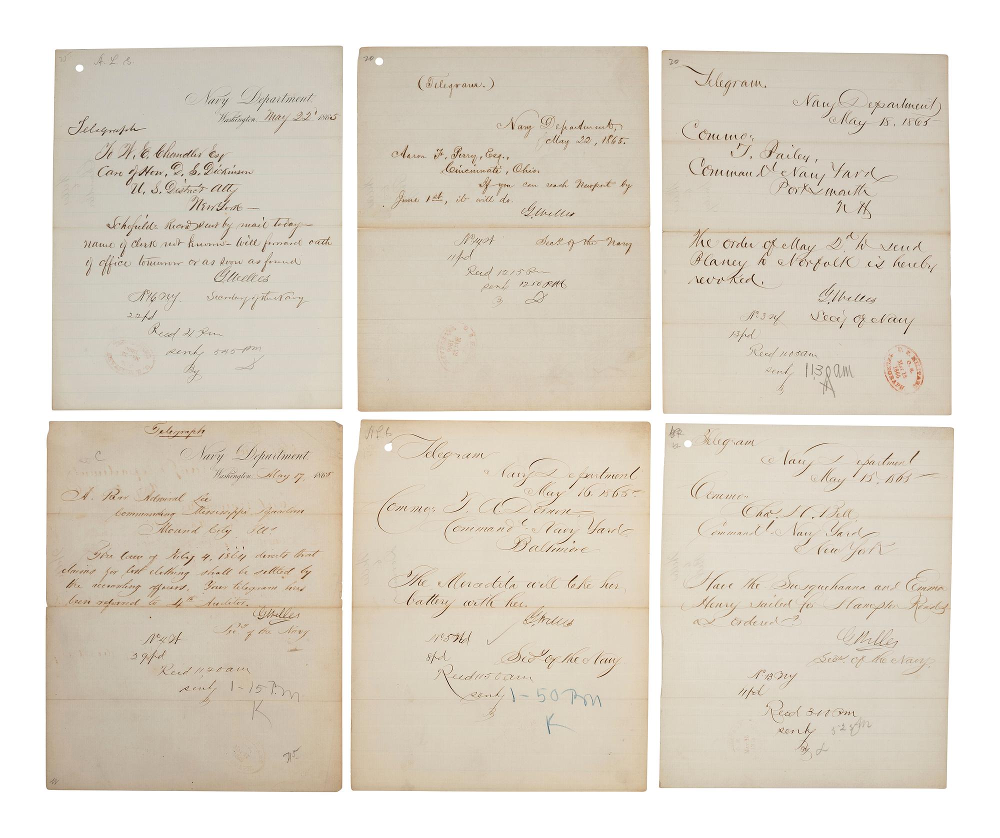 [CIVIL WAR] -- WELLES, Gideon (1802-1878). Small archive containing telegrams signed by Secretary of the Navy Gideon Welles in May 1865, and other correspondence.