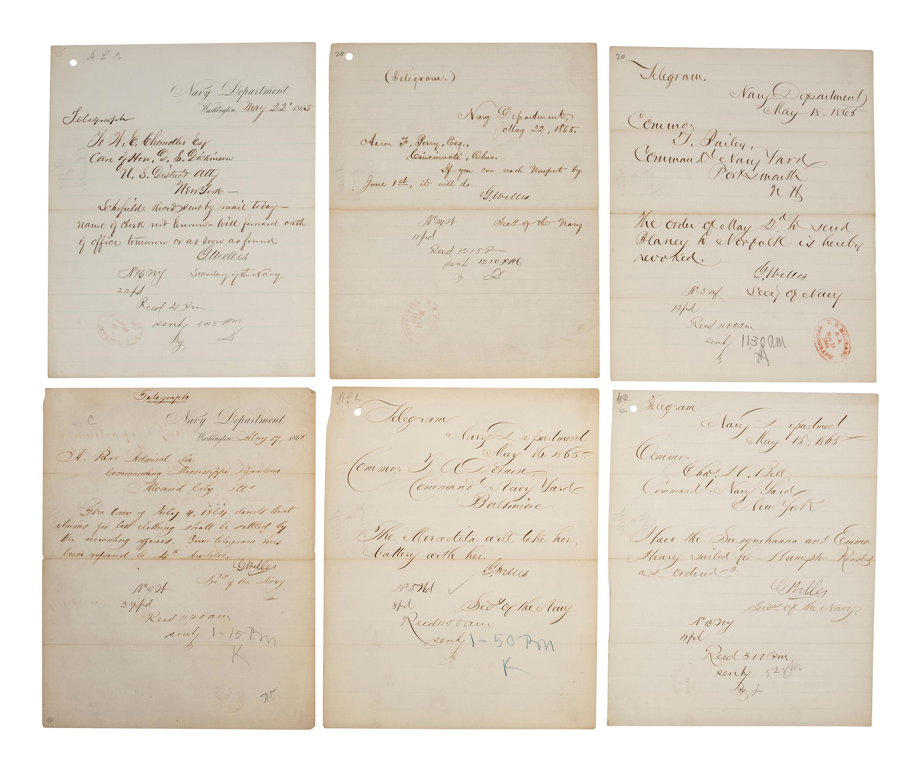 [CIVIL WAR] -- WELLES, Gideon (1802-1878). Small archive containing telegrams signed by Secretary of the Navy Gideon Welles in May 1865, and other correspondence.