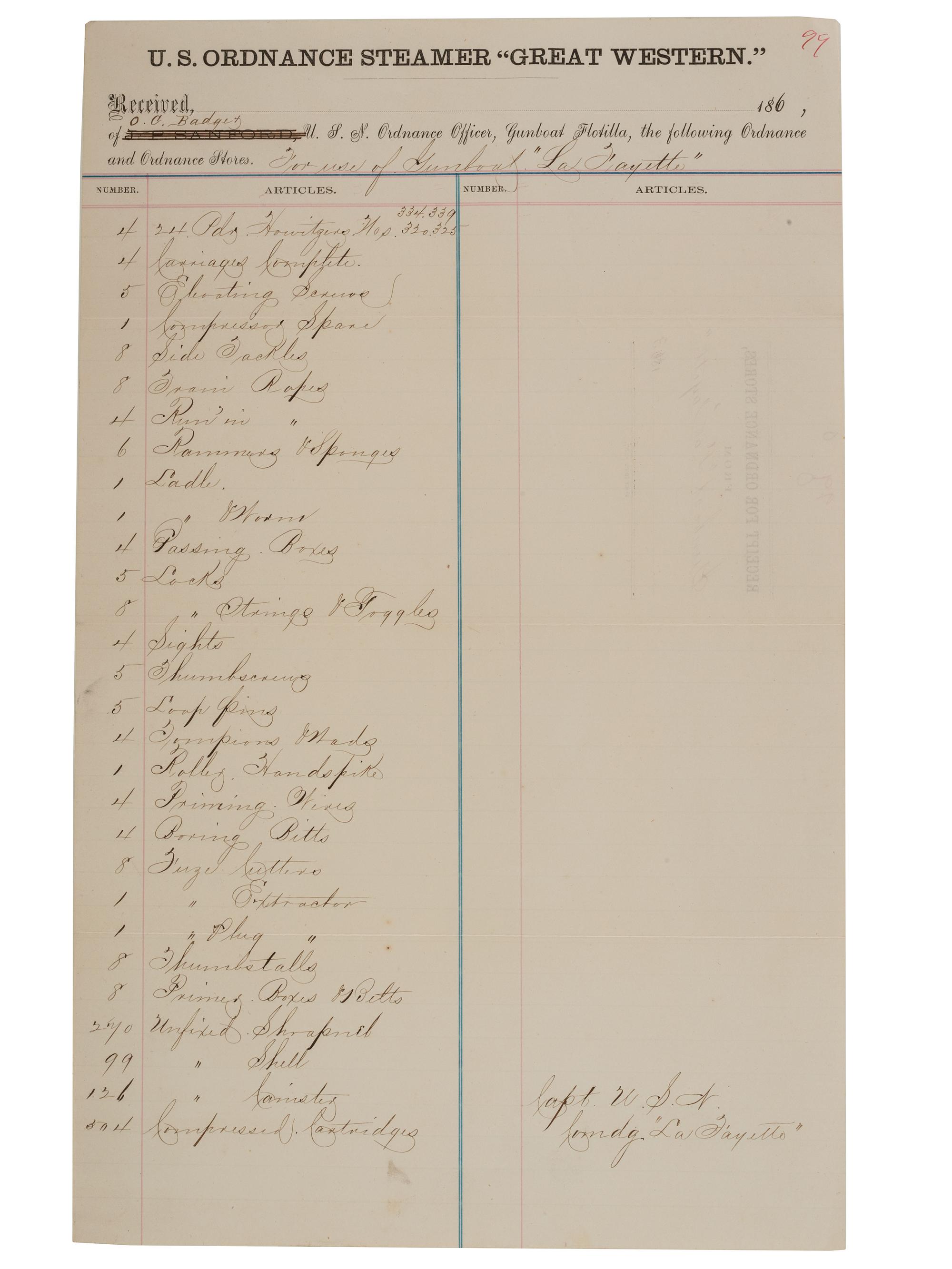 [CIVIL WAR - NAVY]. A group of 2 documents related to the iron clad ram USS Lafayette, comprising: