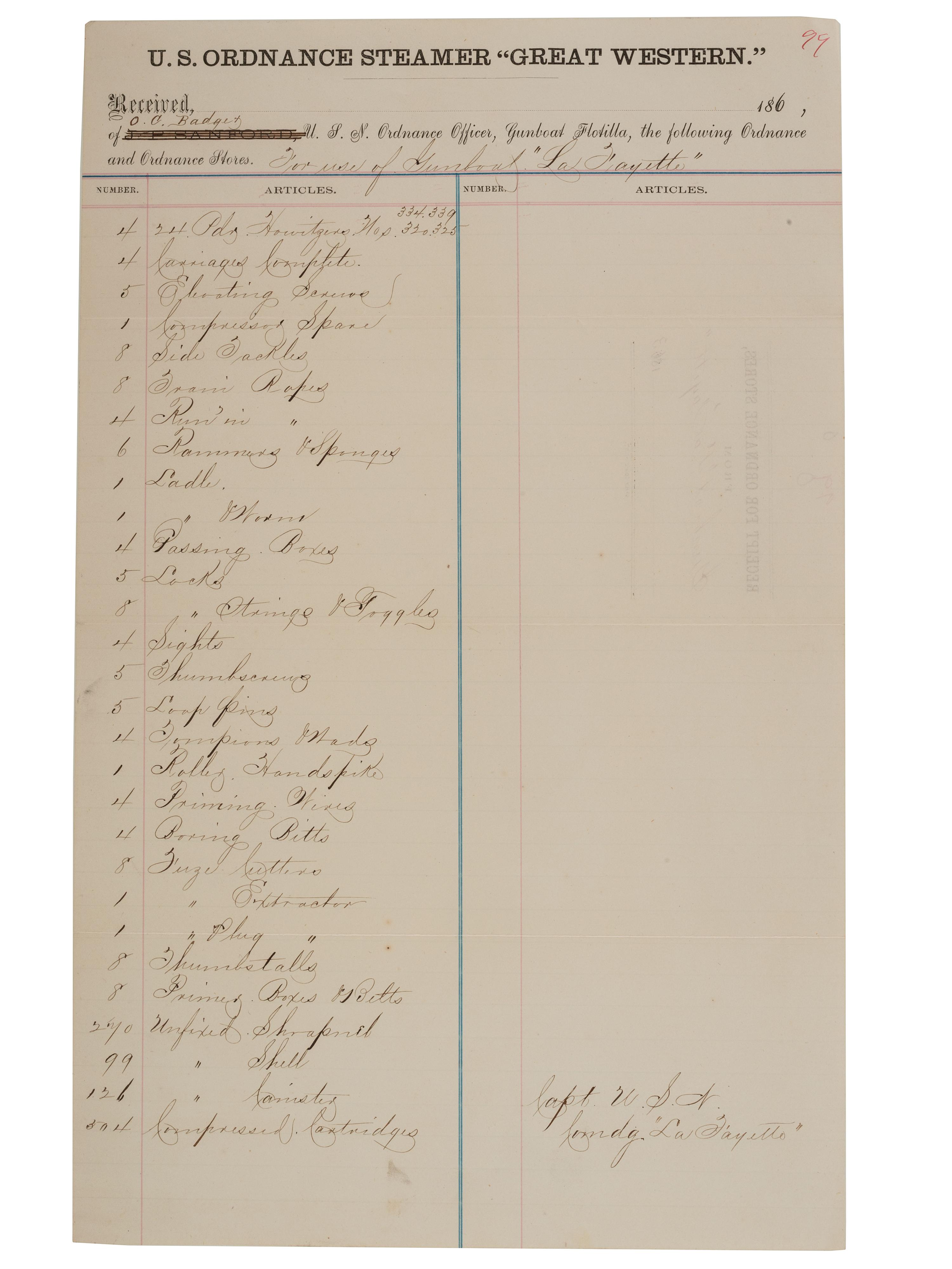 [CIVIL WAR - NAVY]. A group of 2 documents related to the iron clad ram USS Lafayette, comprising: