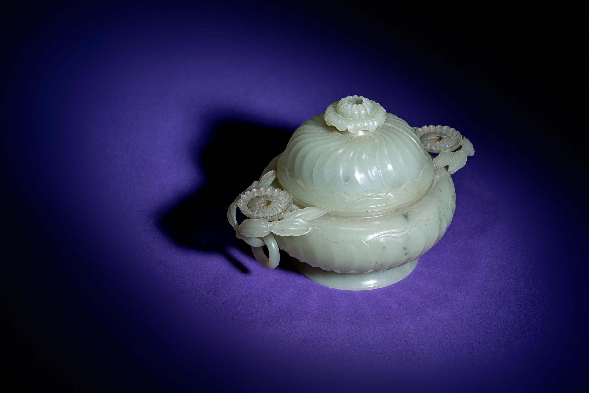 A Chinese Carved Jade 'Chrysanthemum' Incense Burner and Cover