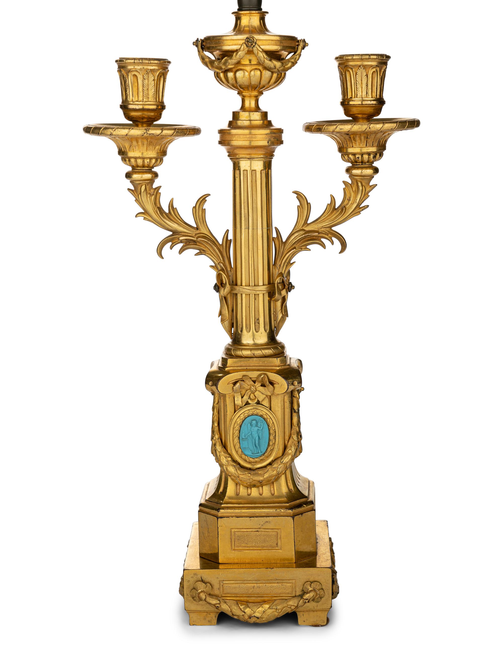 A Pair of Louis XVI Gilt Bronze Two-Light Lamps