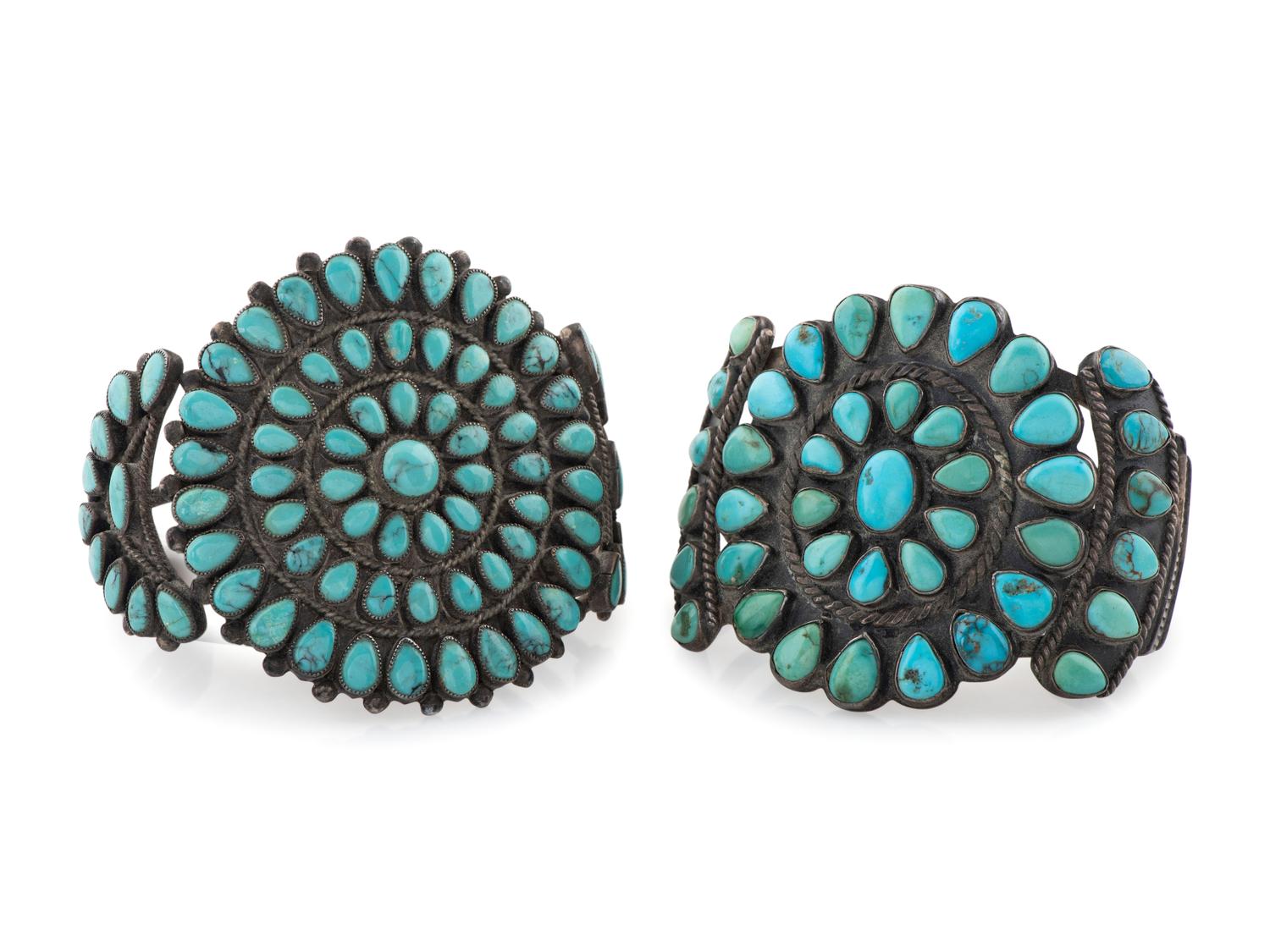 Navajo or Zuni Silver and Turquoise Cluster Cuff Bracelets
