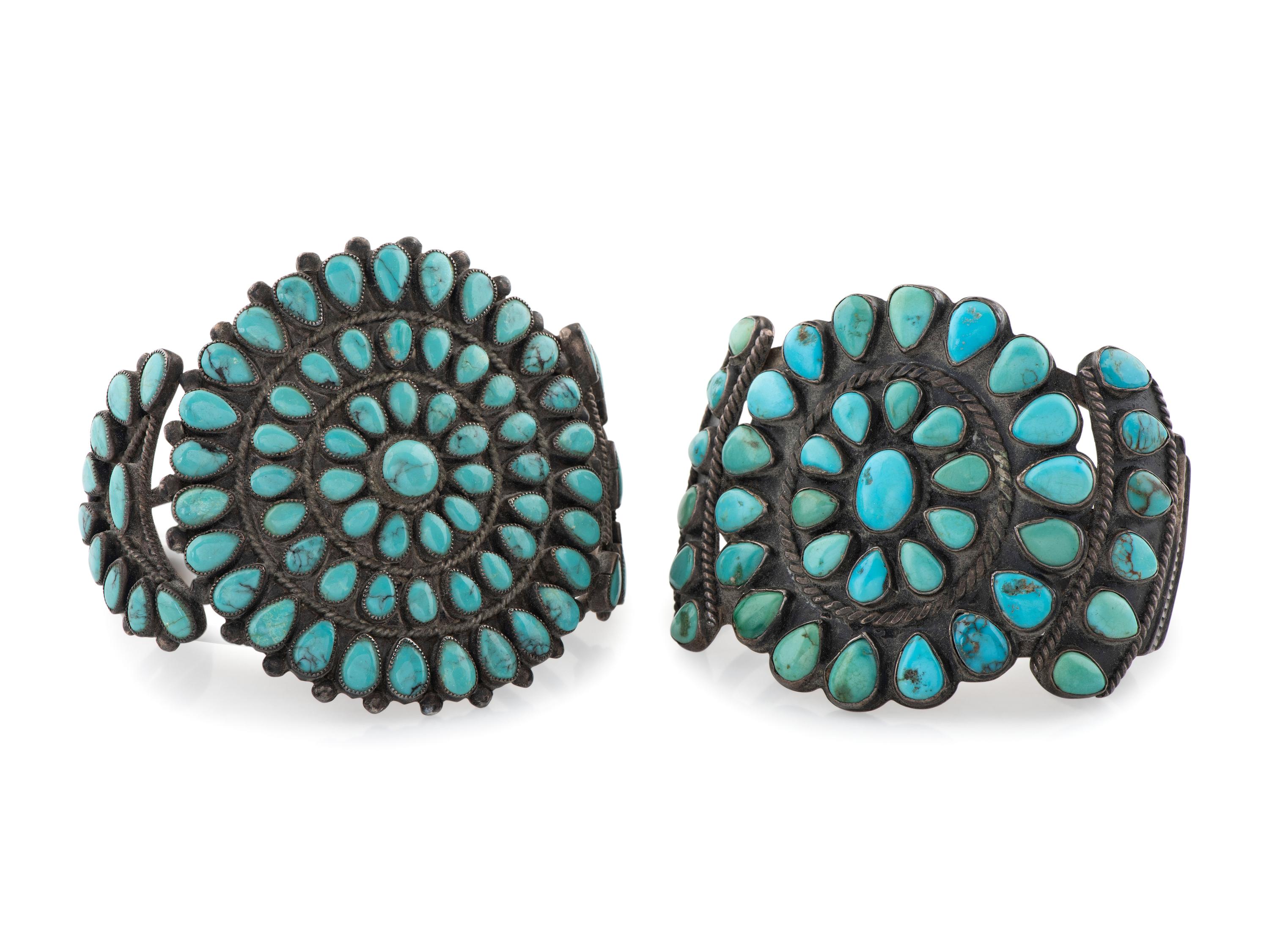 Navajo or Zuni Silver and Turquoise Cluster Cuff Bracelets