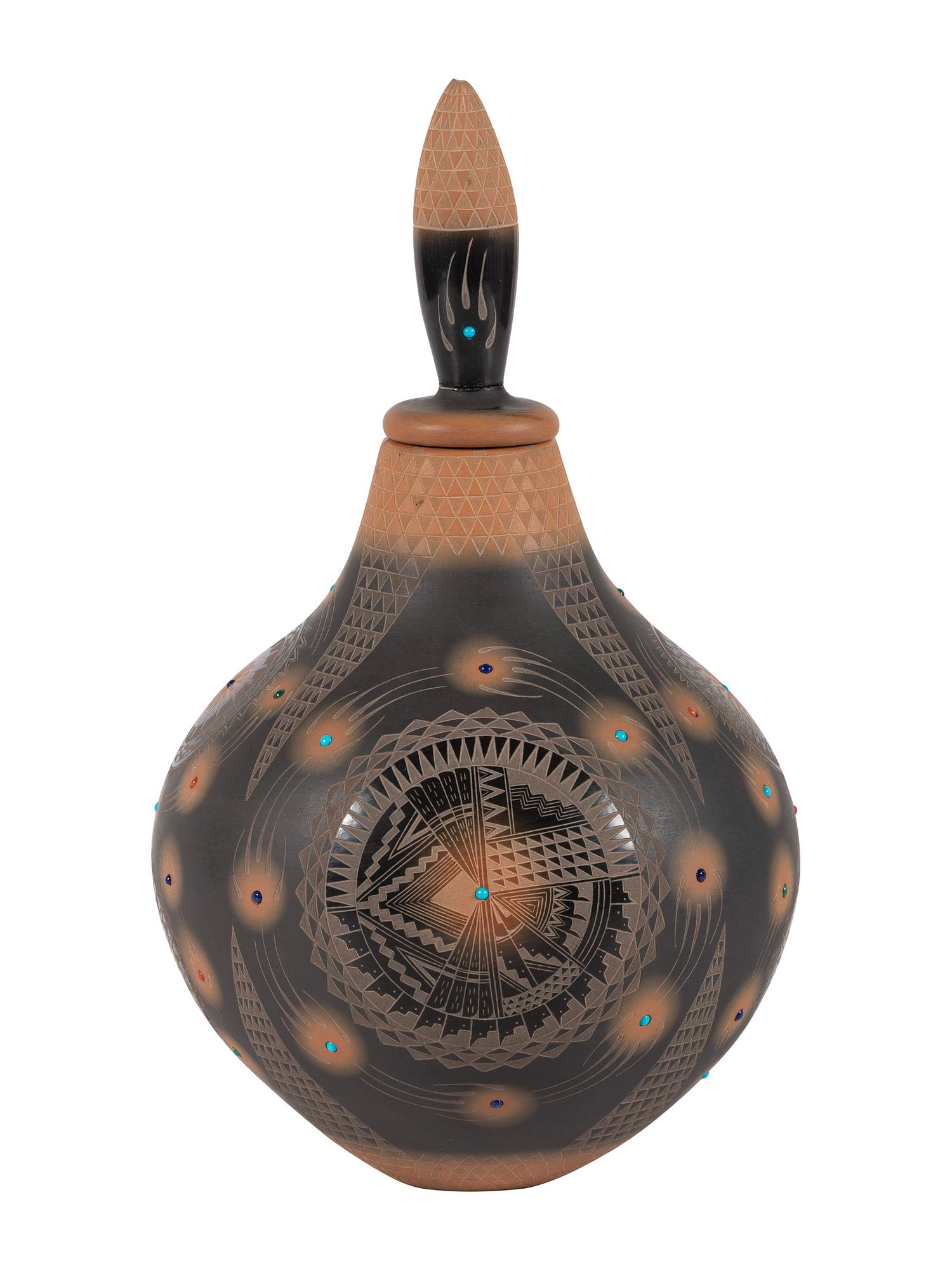 Black and Sienna Jar, with Turquoise, Coral, and Lapis Beads
