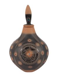 Black and Sienna Jar, with Turquoise, Coral, and Lapis Beads