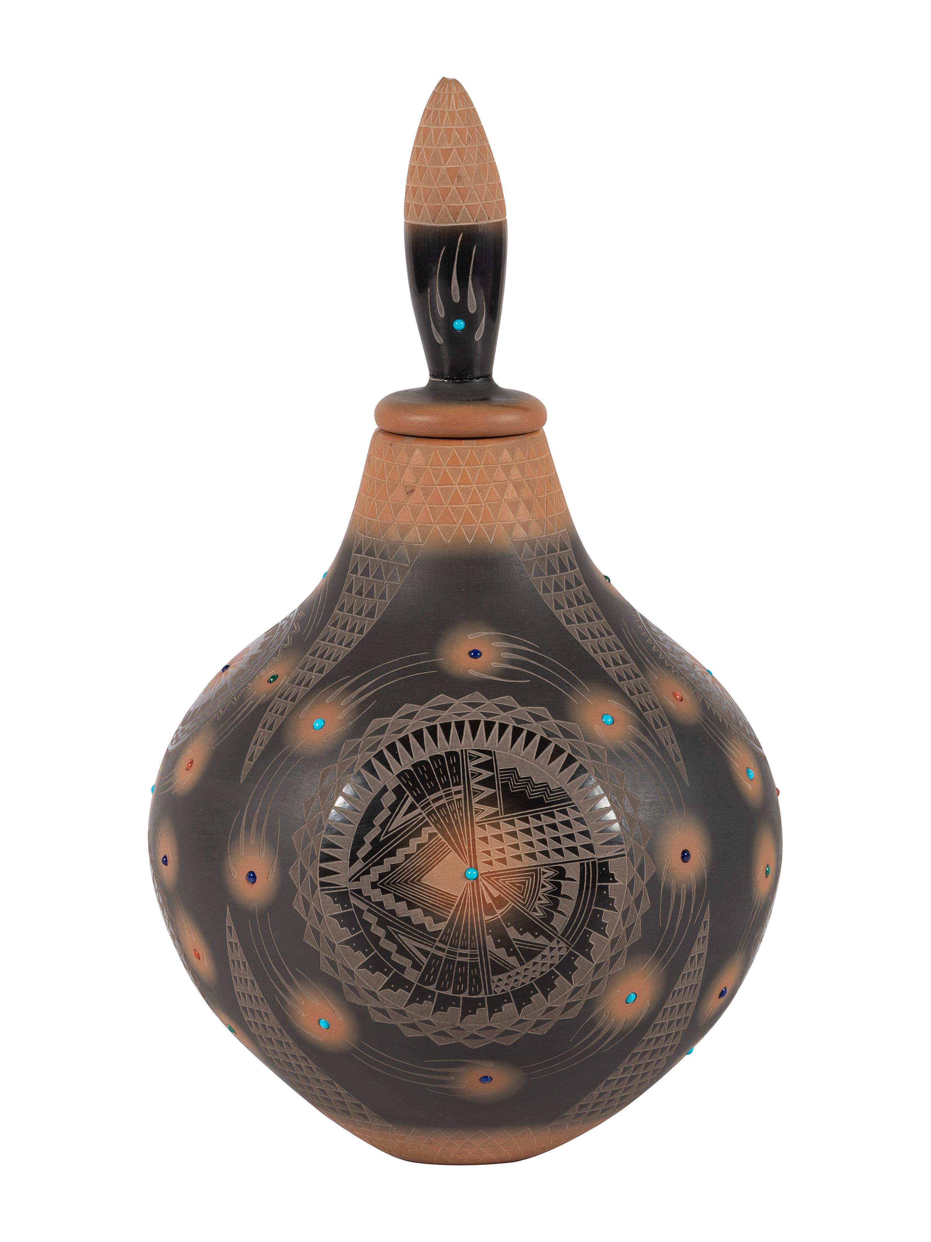 Black and Sienna Jar, with Turquoise, Coral, and Lapis Beads
