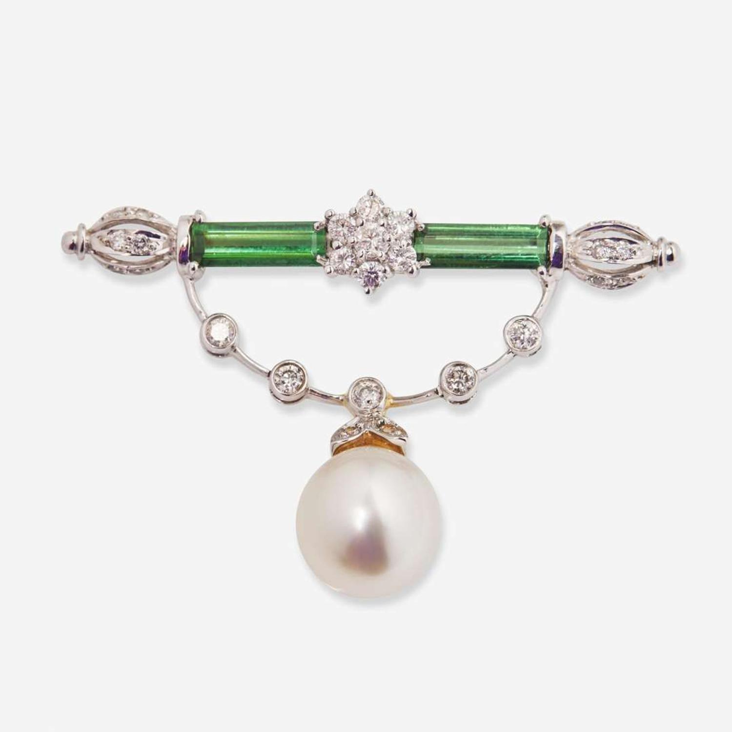 An 18K White Gold, Tourmaline, Diamond, and Pearl Brooch