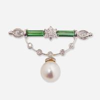 An 18K White Gold, Tourmaline, Diamond, and Pearl Brooch