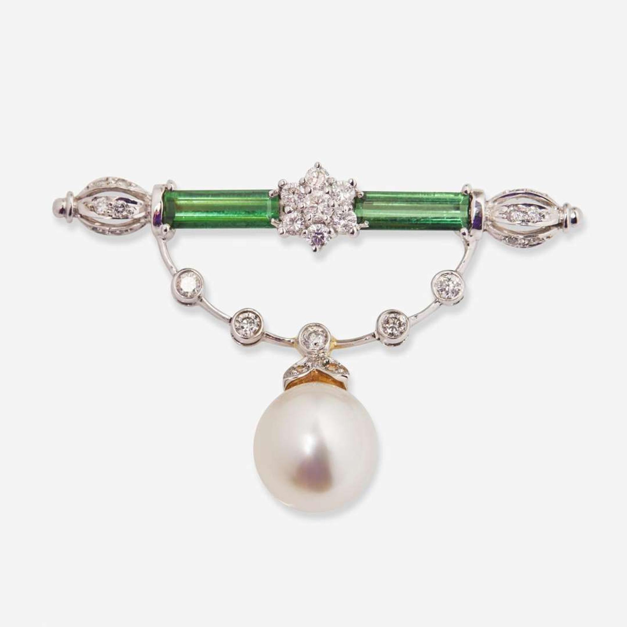 An 18K White Gold, Tourmaline, Diamond, and Pearl Brooch