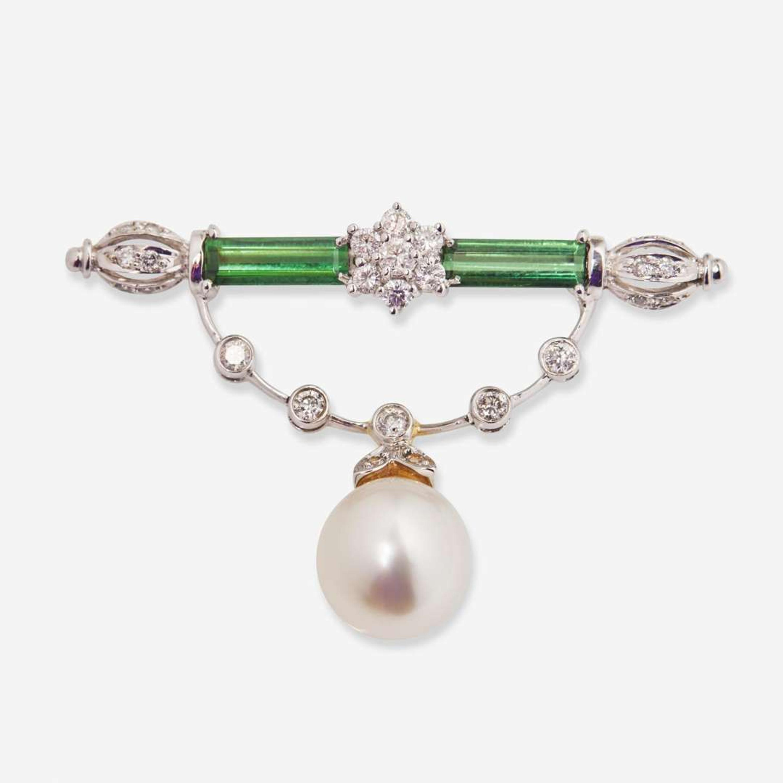 An 18K White Gold, Tourmaline, Diamond, and Pearl Brooch