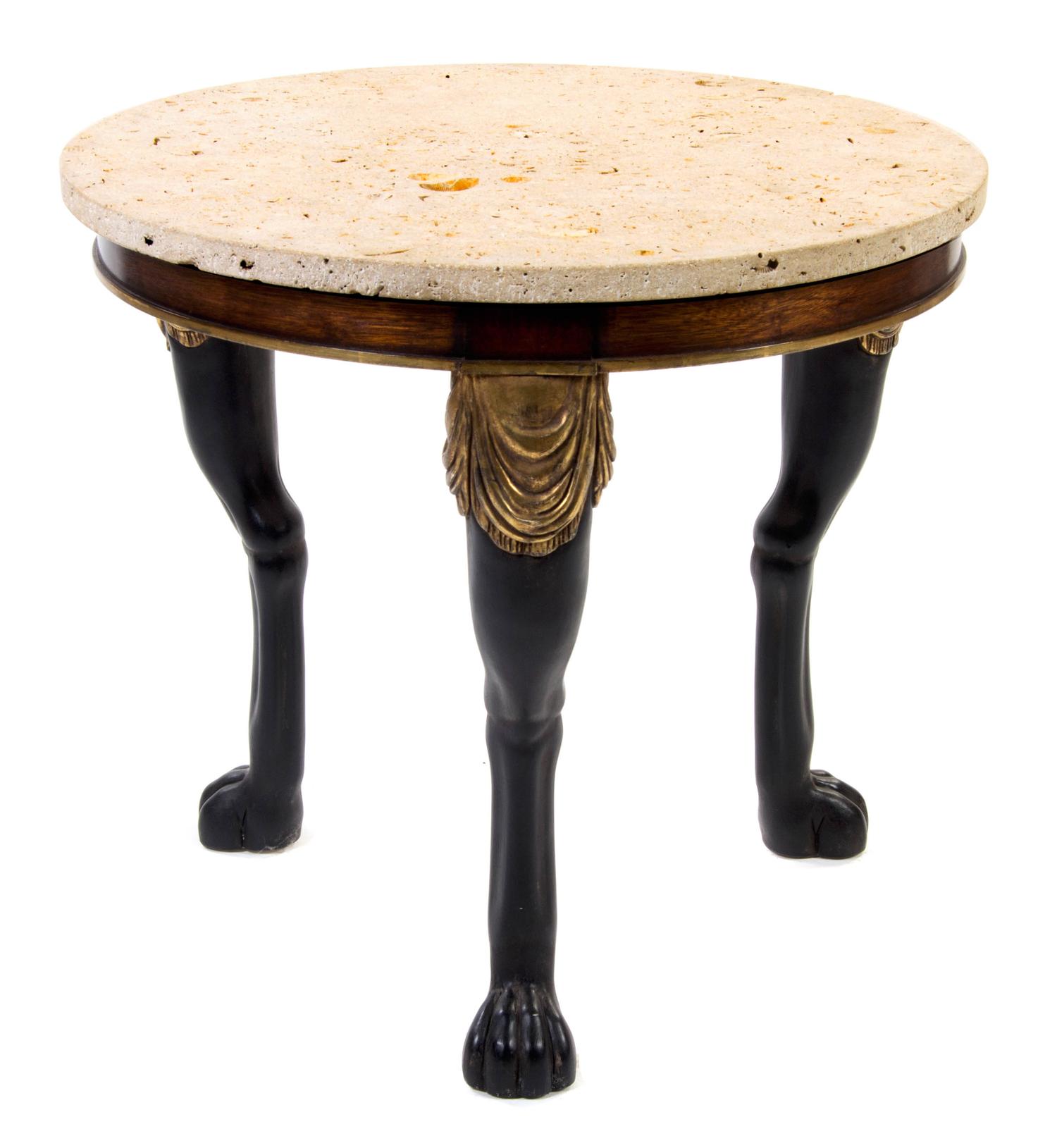 An Empire Style Ebonized and Gilt Center Table, Height 29 1/2 x diameter 32 inches.