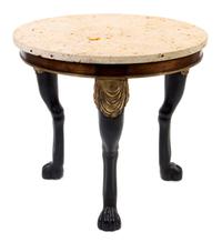An Empire Style Ebonized and Gilt Center Table, Height 29 1/2 x diameter 32 inches.